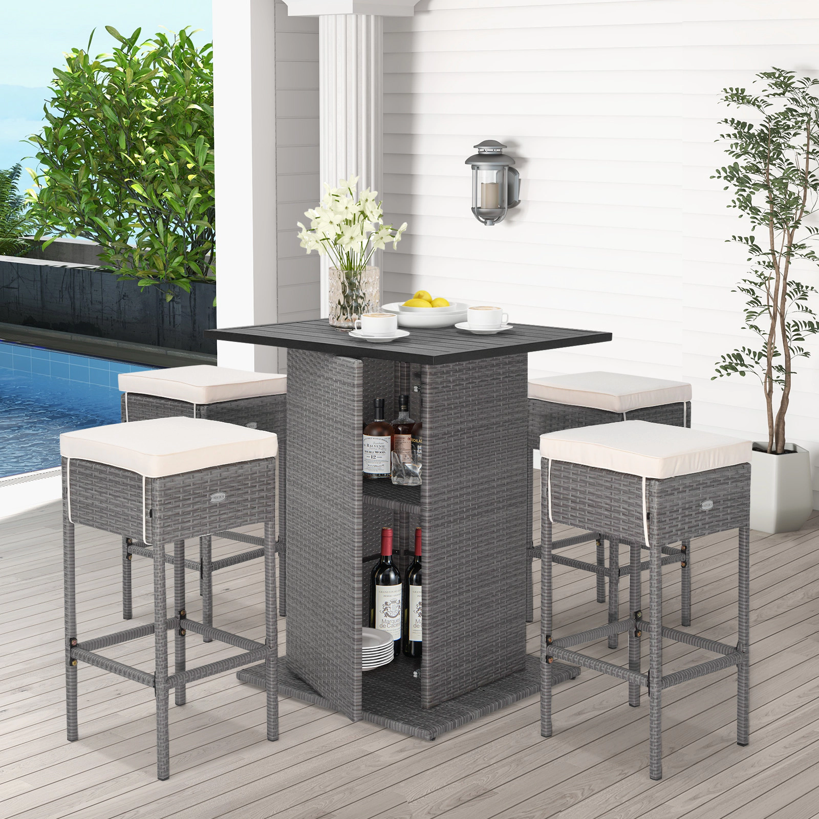 LJG 5 Pieces Outdoor Wicker Bar Table Set with Hidden Storage Shelves