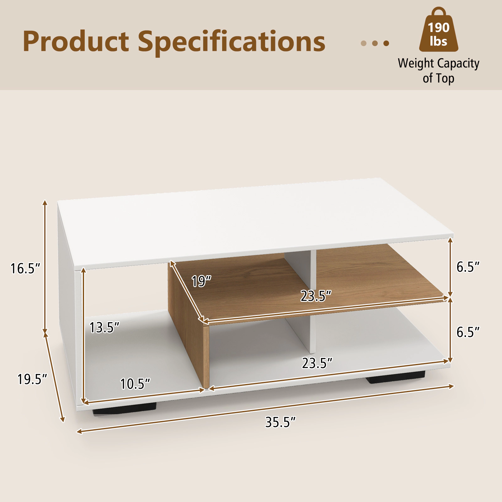 SUGIFT 3-Tier L-Shaped Middle Shelf Wood Rectangular Coffee Table 35.5-in x 19.5-in x 16.5-in 110-lb Capacity White