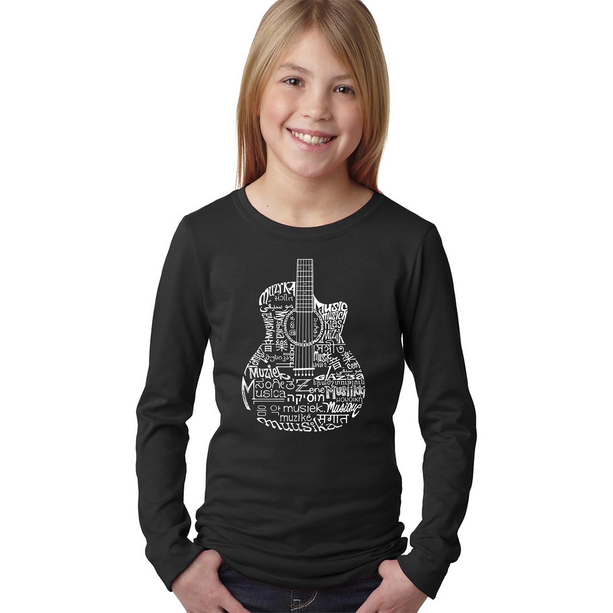 LA Pop Art Girls Long Sleeve Word T-Shirt - Languages Guitar
