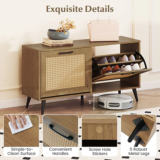 Glintex 40-Inch Shoe Bench with 2 Flip Drawers Rattan Texture and Back Vents, Natural
