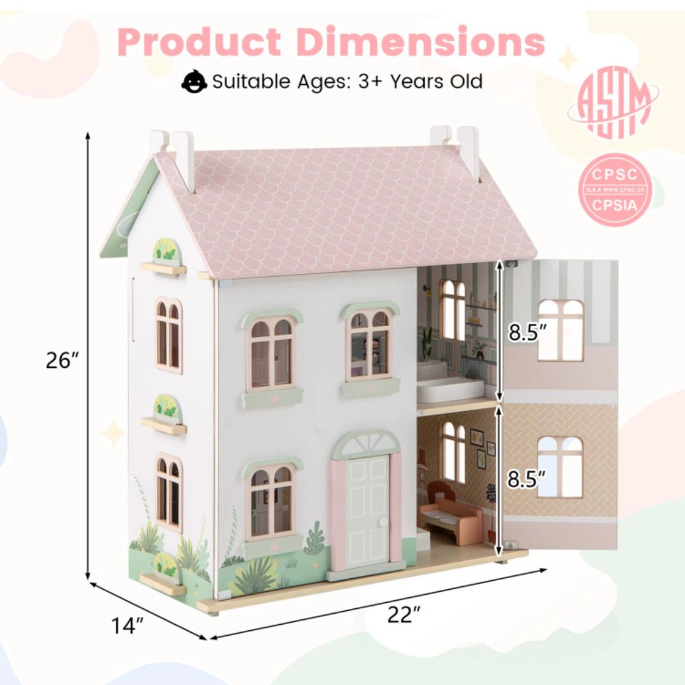 Hivvago Kids Wooden Dollhouse 3 Level with Double-Sided Roofs and Doors-Pink