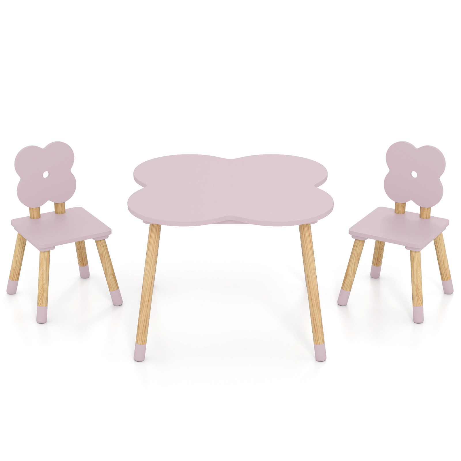 SUGIFT Pink Solid Pine Wood Legs 3-Piece Kids Flower Shaped Table and Chairs Set