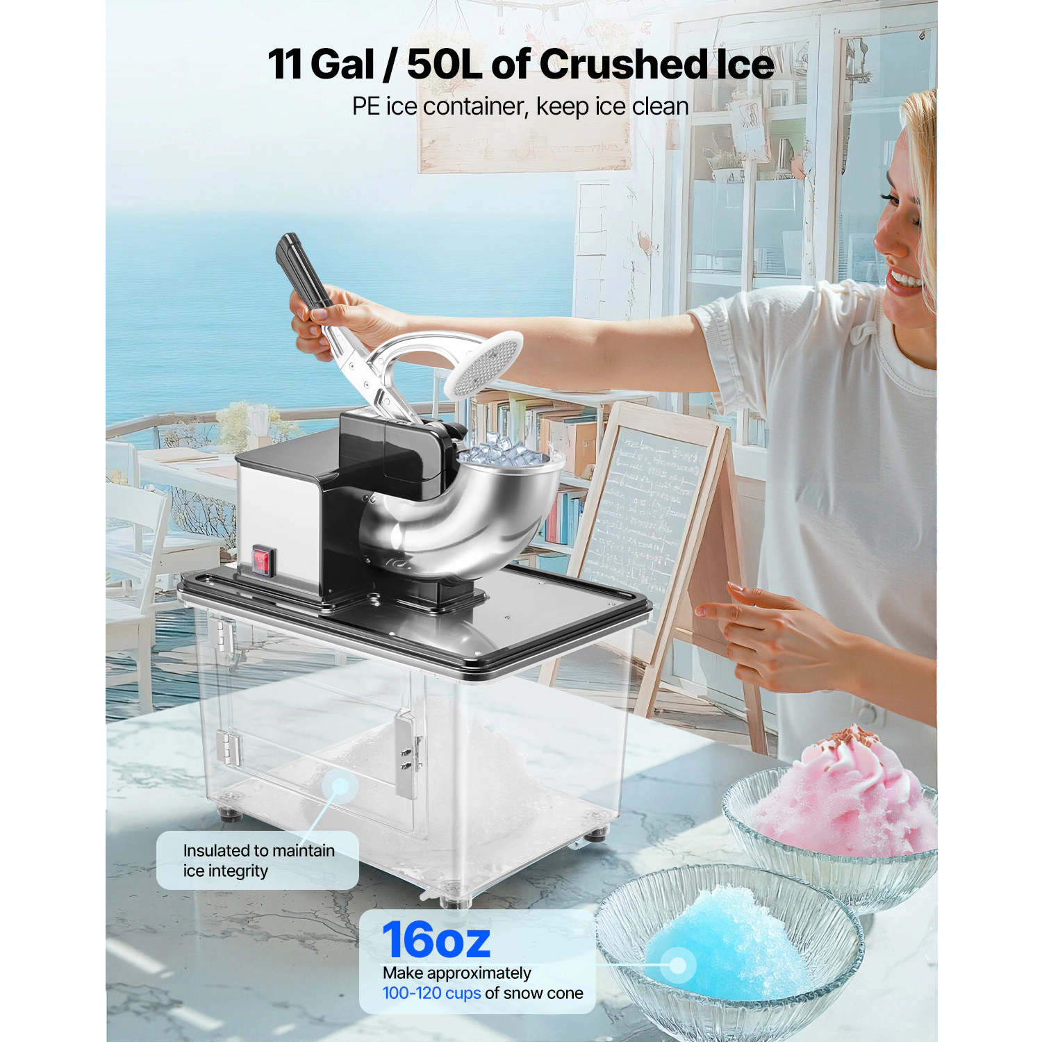 HONGGE Commercial Ice Crusher 661LBS /H 350W Electric Snow Cone Machine with 4 Blades 2000RPM Stainless Steel Shaved