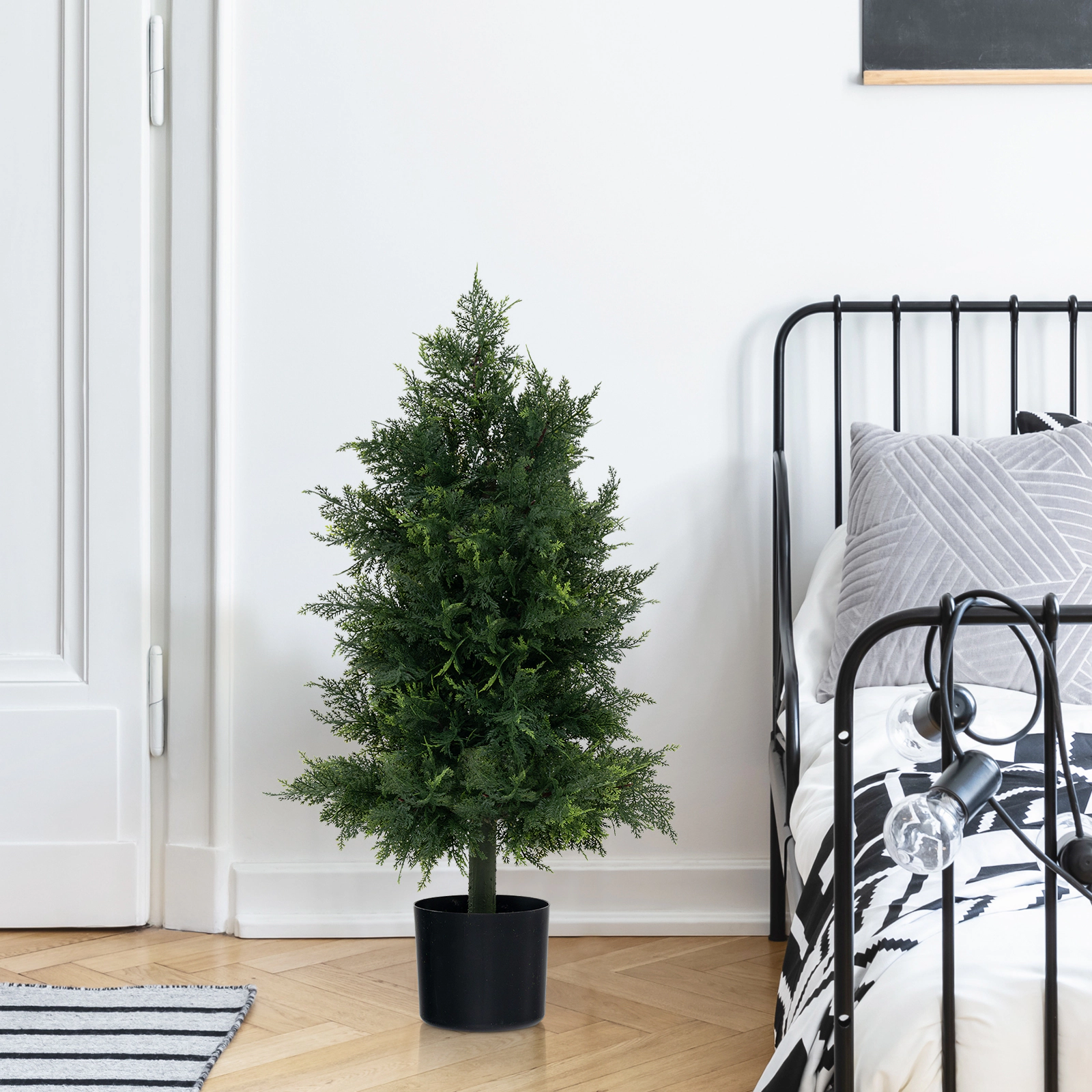 SUGIFT Realistic Cedar Foliage Artificial Topiary Tree with Plastic Nursery Pot 31.5-in Tall 1-Piece Green & Black