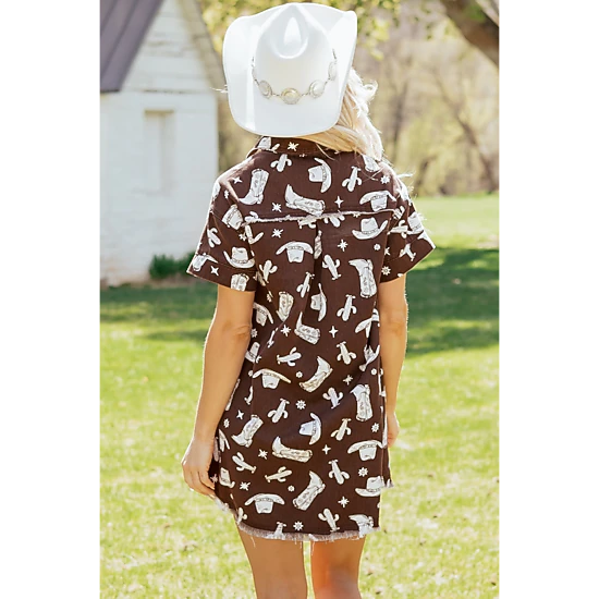 Threaded Pear Womens Natalia Edge Down Short Denim Dress - Western Raw Edge, Short Sleeve