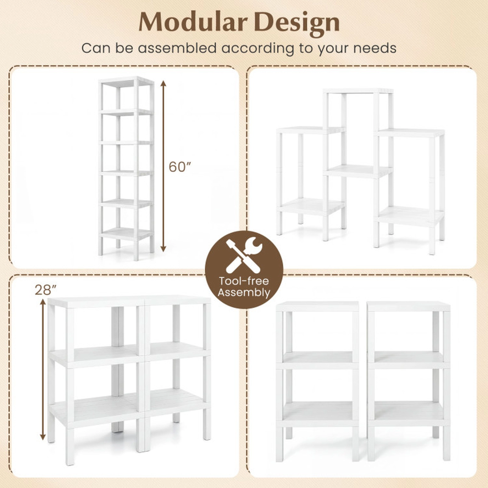 SUGIFT 6-Tier Plastic Modular Storage Shelves White for Living Room and Kitchen