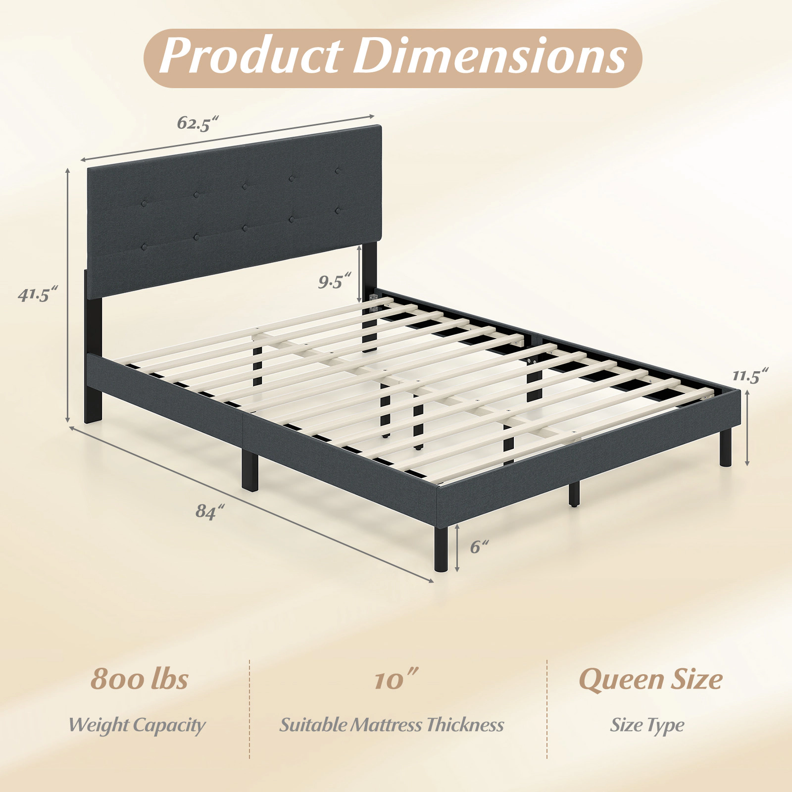 SUGIFT Queen Size Upholstered Linen Platform Bed Frame with Headboard 800-lb Capacity 84-in Frame Dark Gray