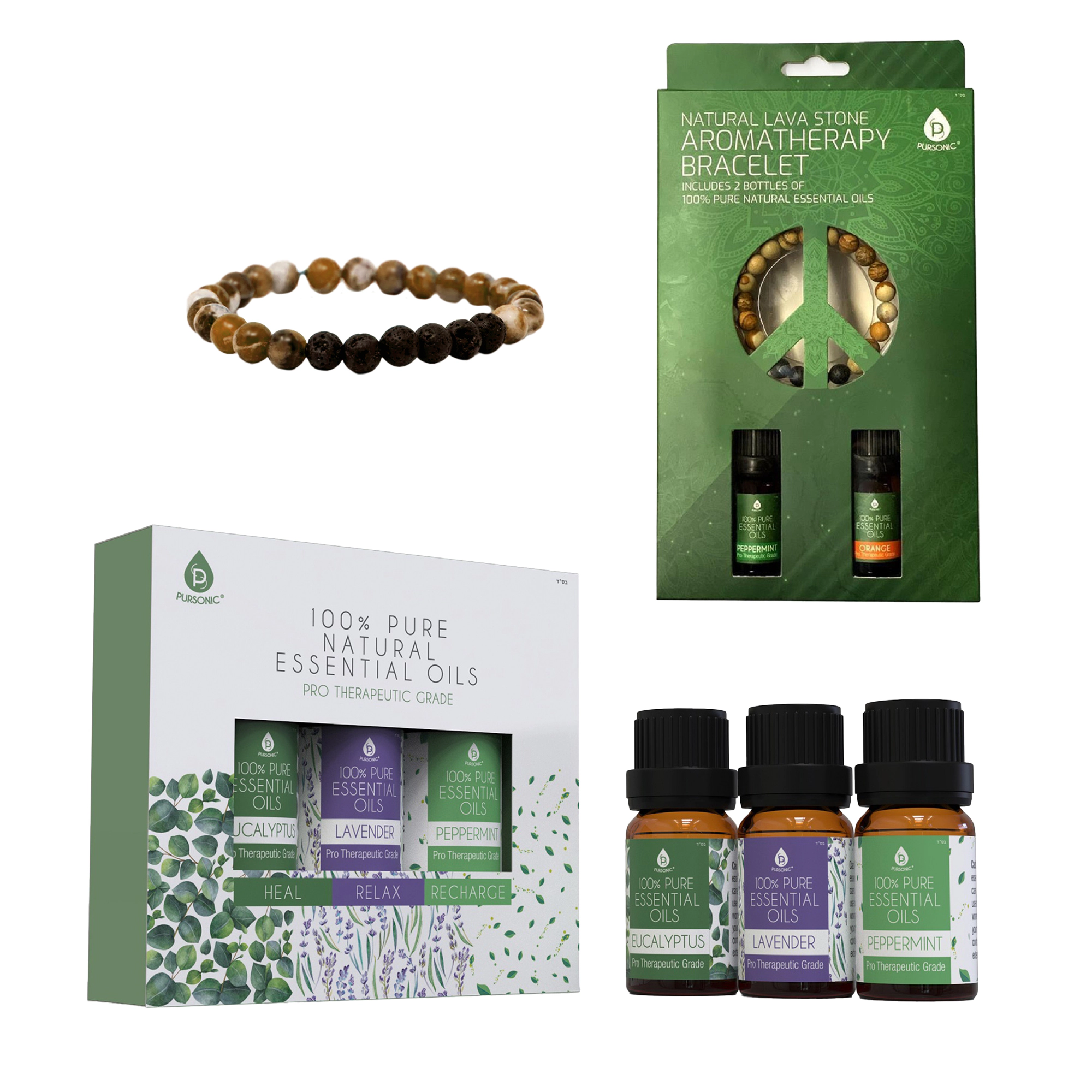 Pursonic Unisex Aromatherapy Essential Oil Bracelet Set Lava Stone Bracelet with 100% Pure Essential Oils