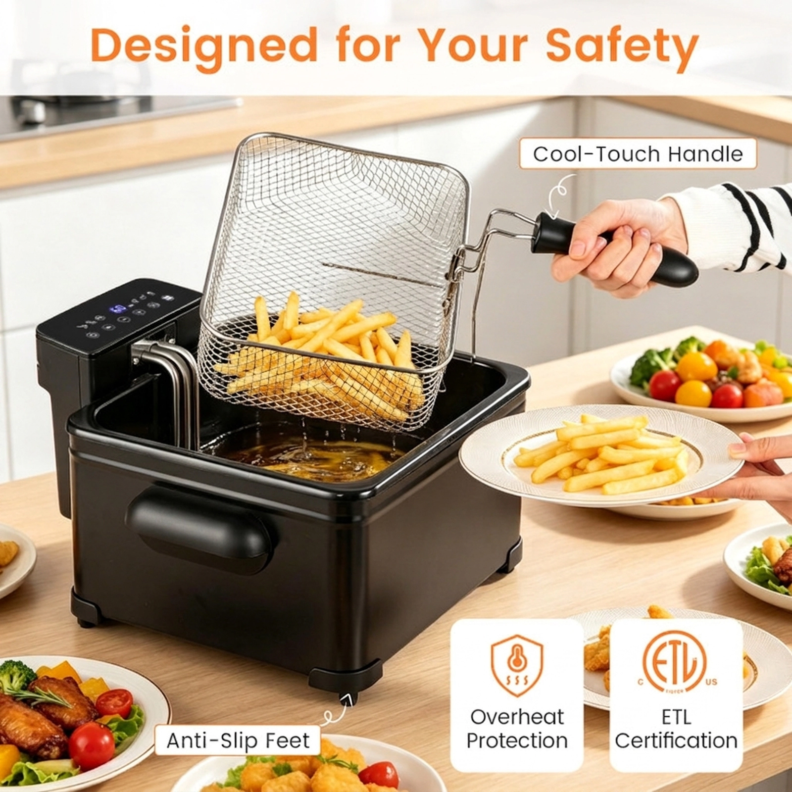 SUGIFT Black Electric Deep Fryer with 3 Baskets LED Touch Screen and 6 Presets 5.3-Qt 1700W 13.5-in W 8.5-in H