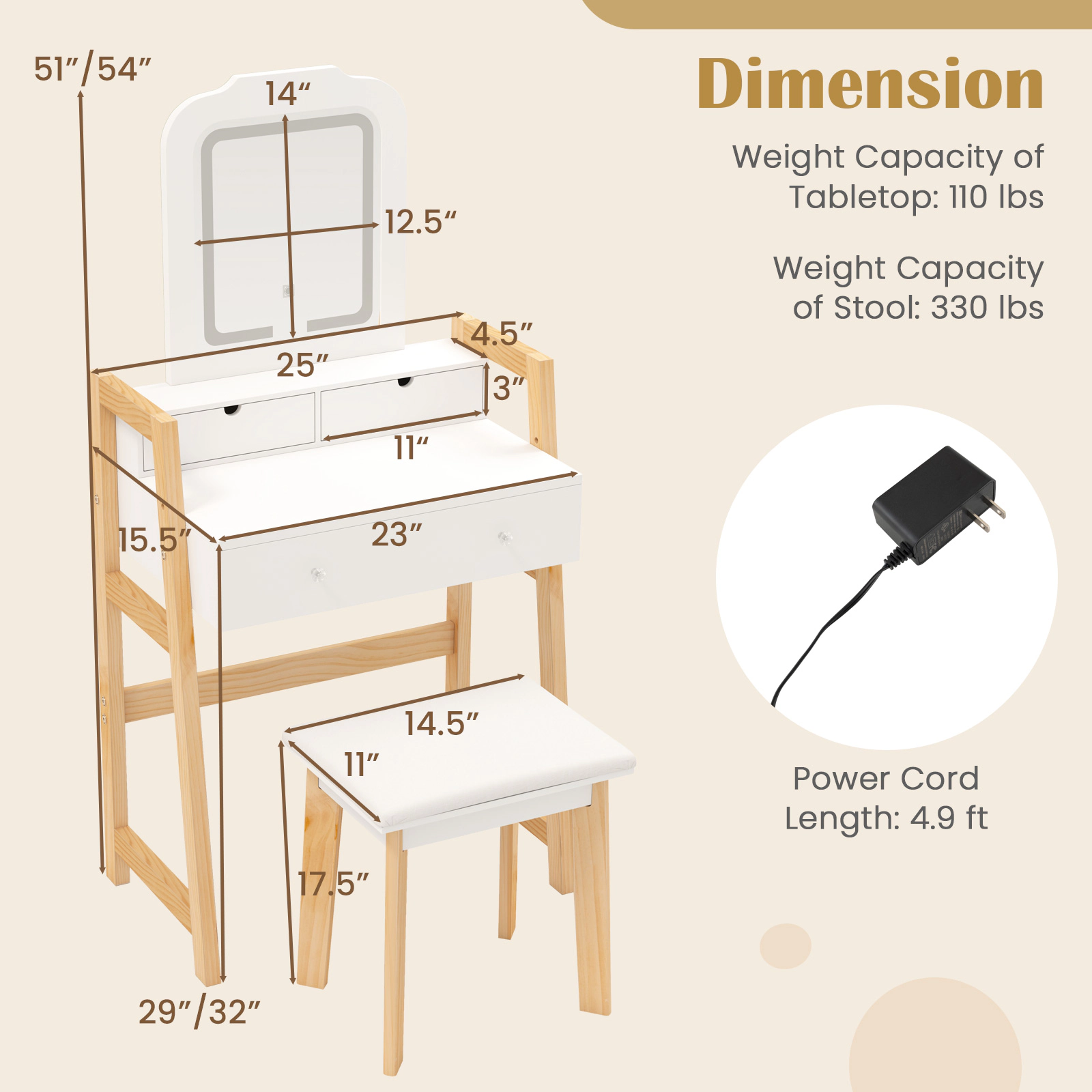 SUGIFT White Vanity Desk Set with LED Mirror, 3 Drawers and Stool