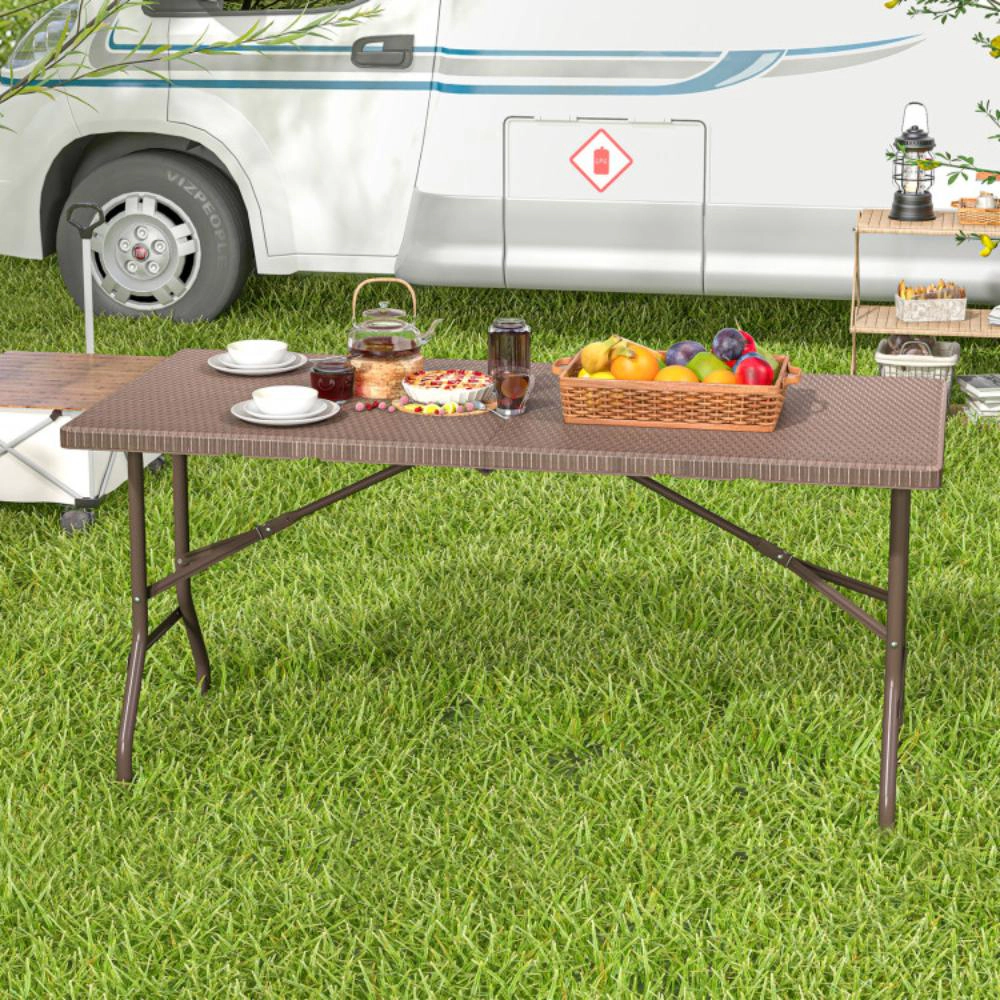 Hivvago 5Ft Folding Picnic Table With Rattan Grain Hdpe Tabletop And Sturdy Metal Fame-Coffee