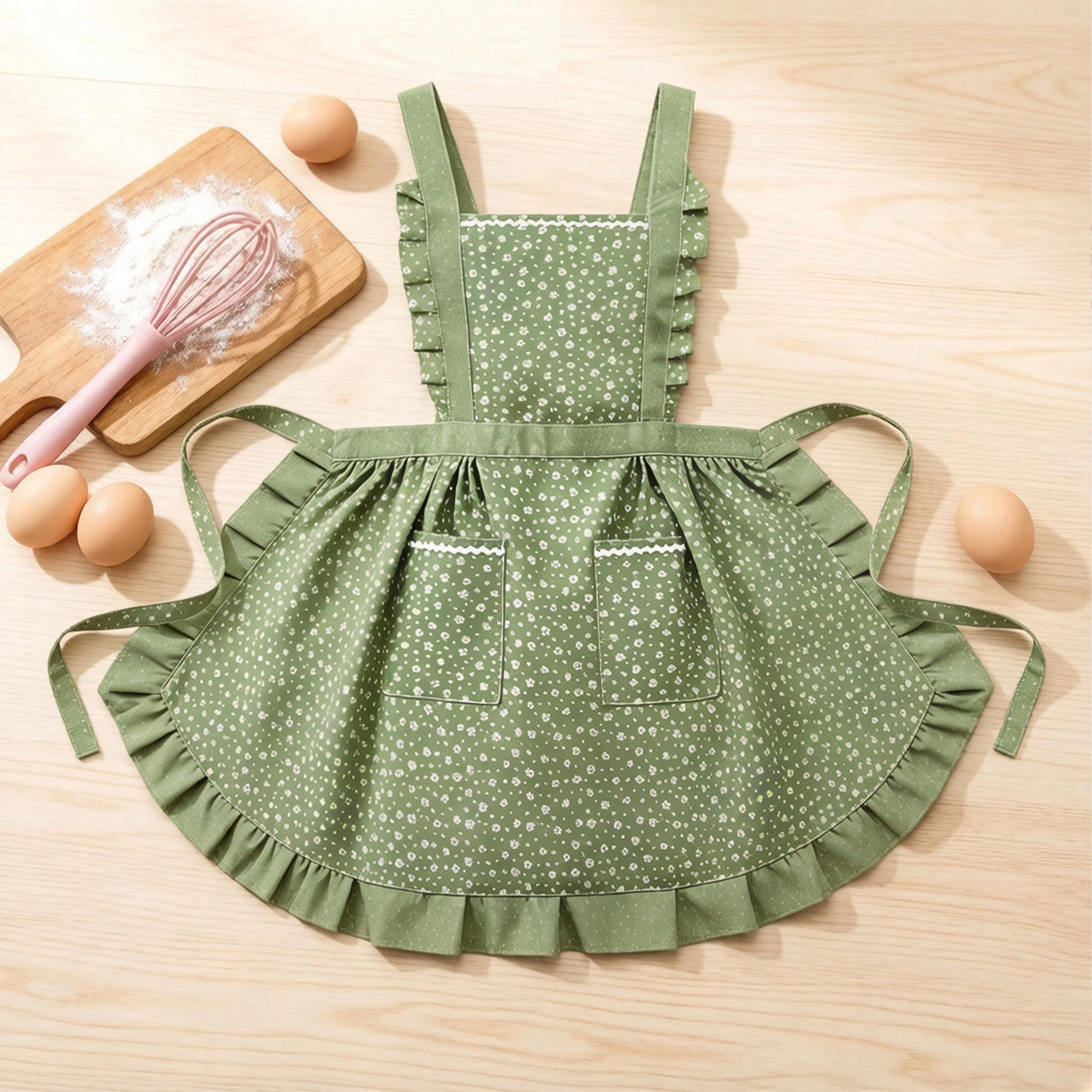 Alilang Unisex Floral Print Kitchen Apron with Ruffled Trim Adjustable Waist Ties and Front Pockets