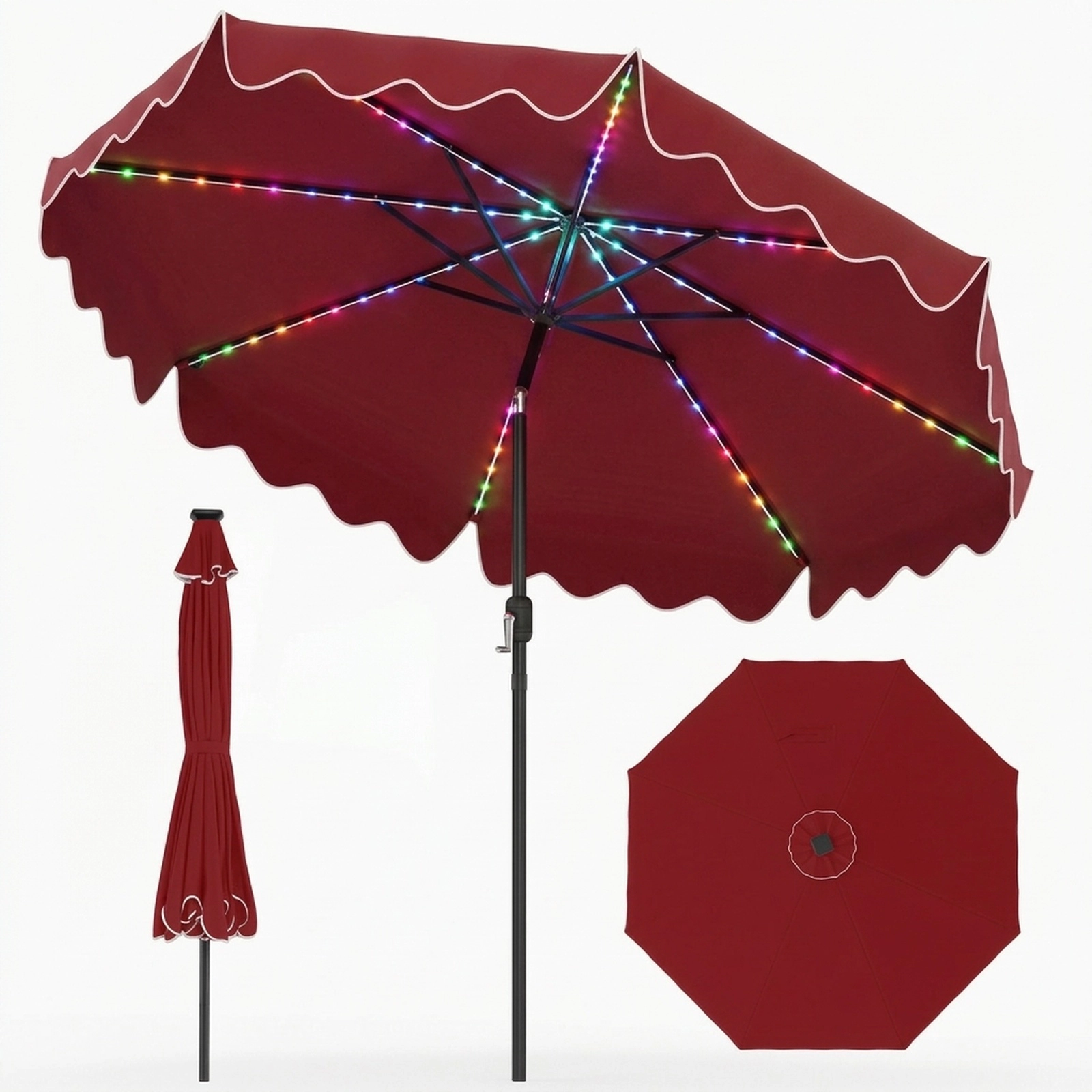 SUGIFT 104-LED Solar 9-ft Patio Umbrella with Color-Changing Lights 8.2-ft Tall with Crank and Tilt 2-Piece Wine