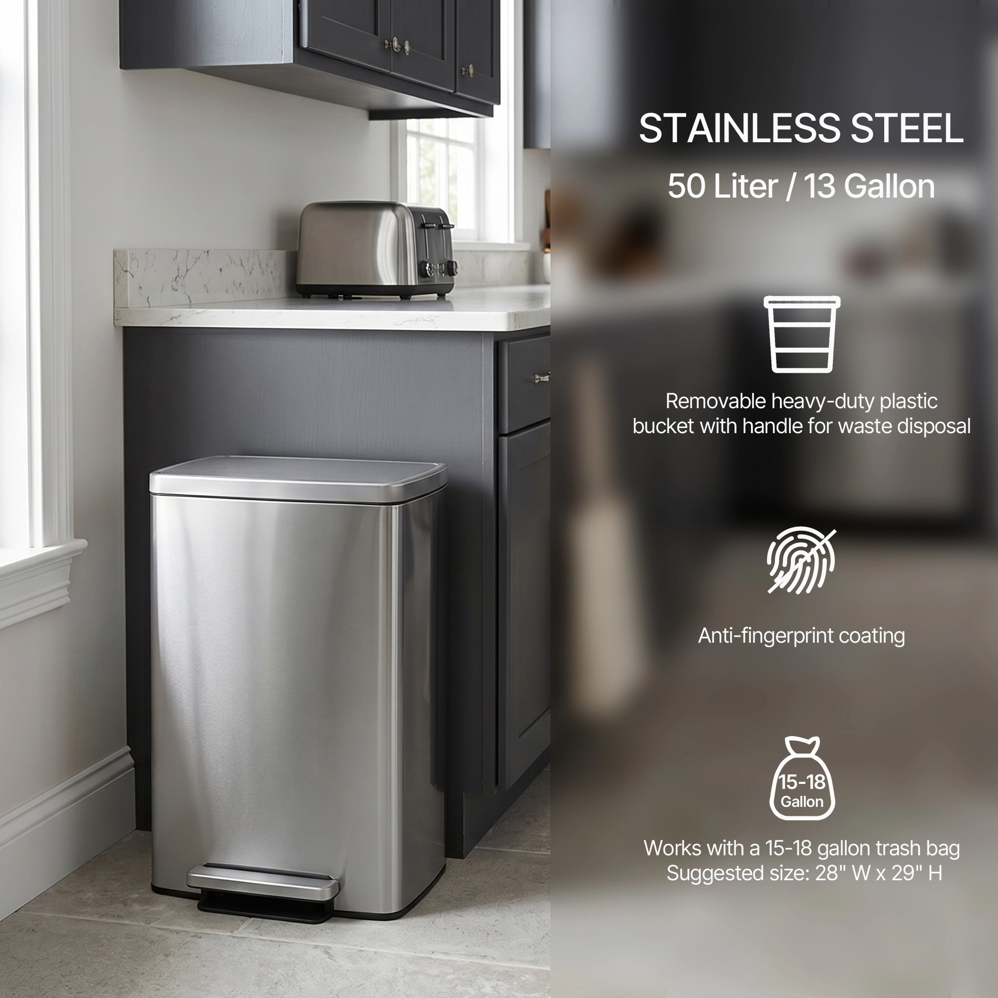 Innovaze 13 Gal./50 Liter Rectangular Stainless Steel Step-on Trash Can for Kitchen