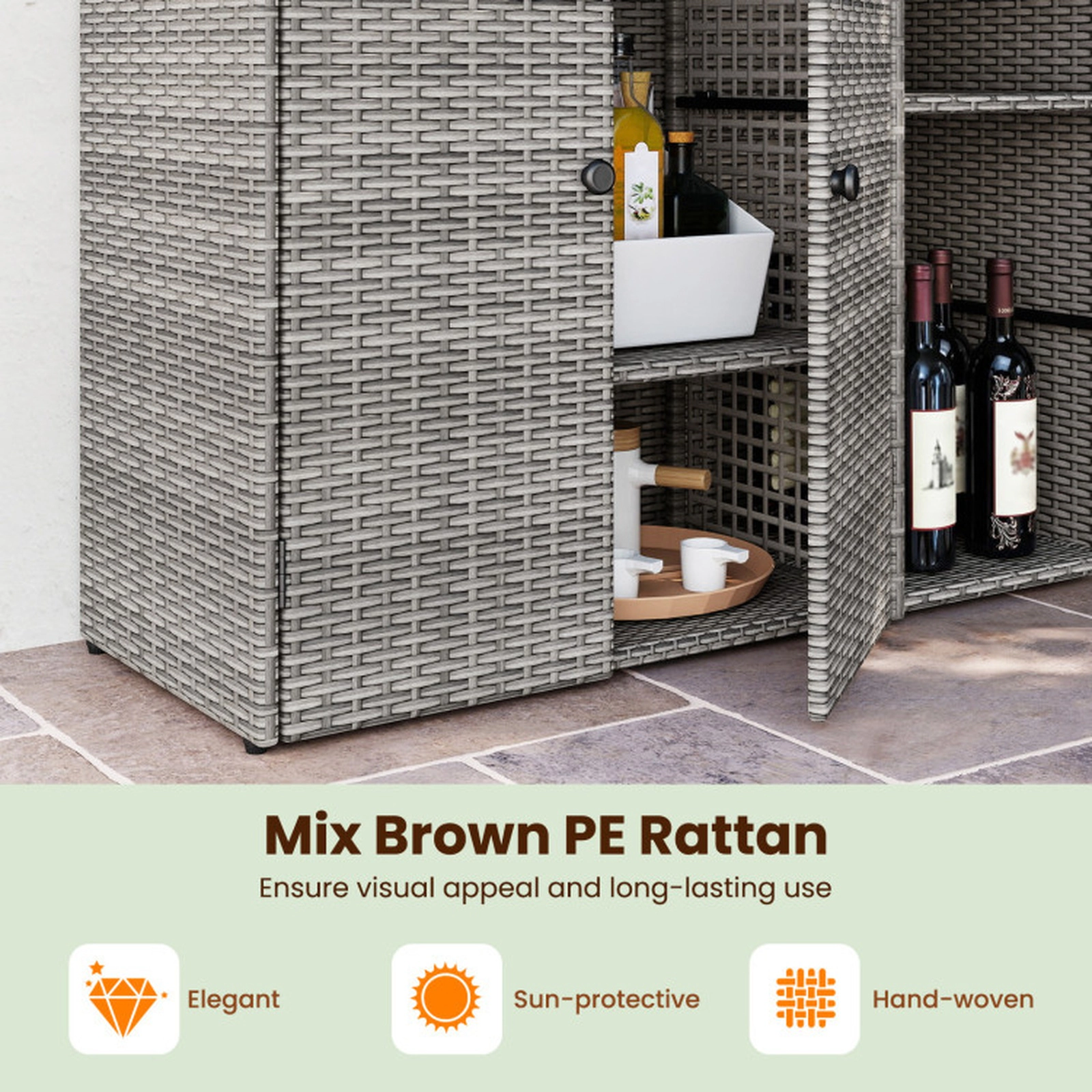 SUGIFT 3-Door PE Rattan Outdoor Storage Cabinet with 110-lb Baffled Countertop and Adjustable Shelves