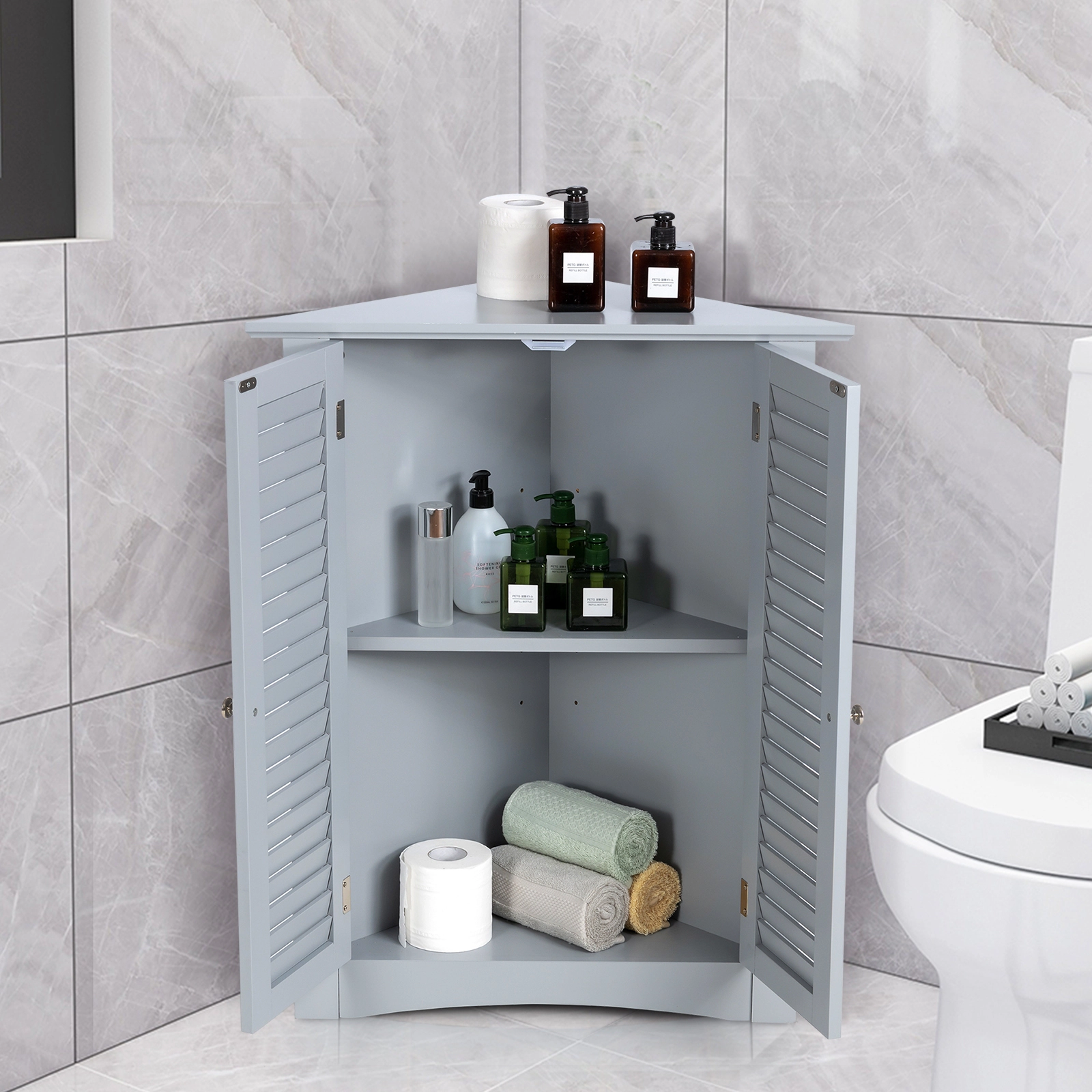 SUGIFT Gray 66-lb Capacity Corner Bathroom Storage Cabinet with Shutter Door and Adjustable Shelf