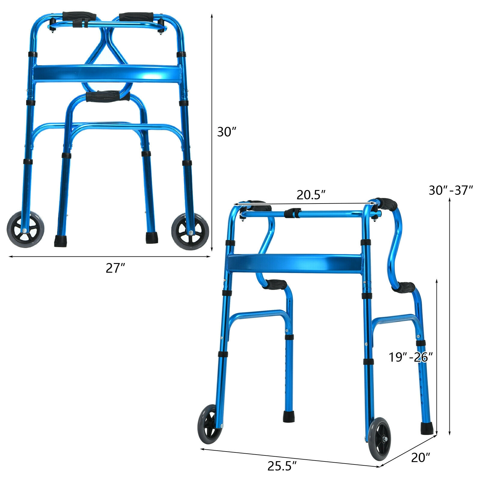 SUGIFT Aluminum Folding Wheeled Stand-Assist Walker 440-lb Capacity Height-Adjustable 25.6-in Wide Blue/Gray 1-Piece