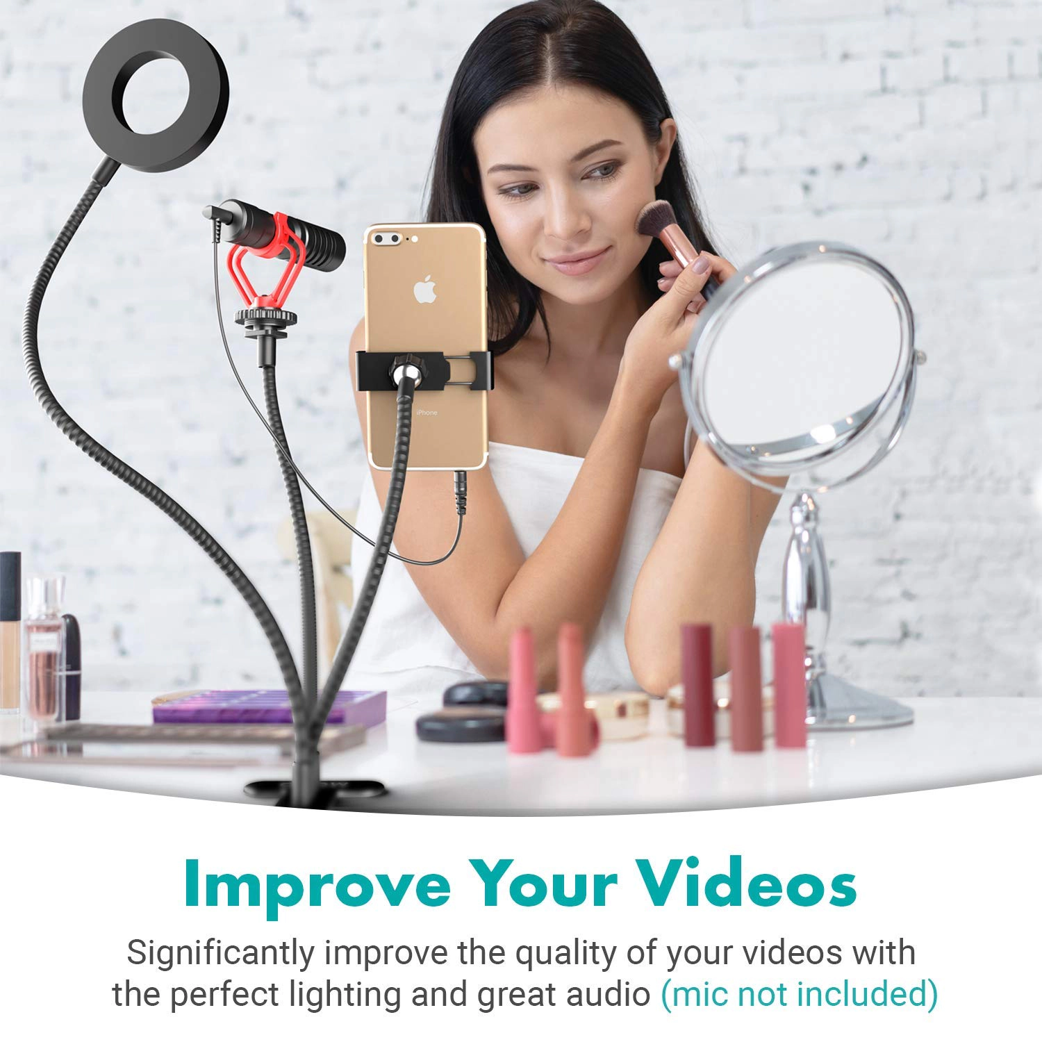 Movo VGC-3 Selfie Ring Light Stand with Cell Phone Holder and Third Flexible Arm with a 1/4" Mount for Microphones