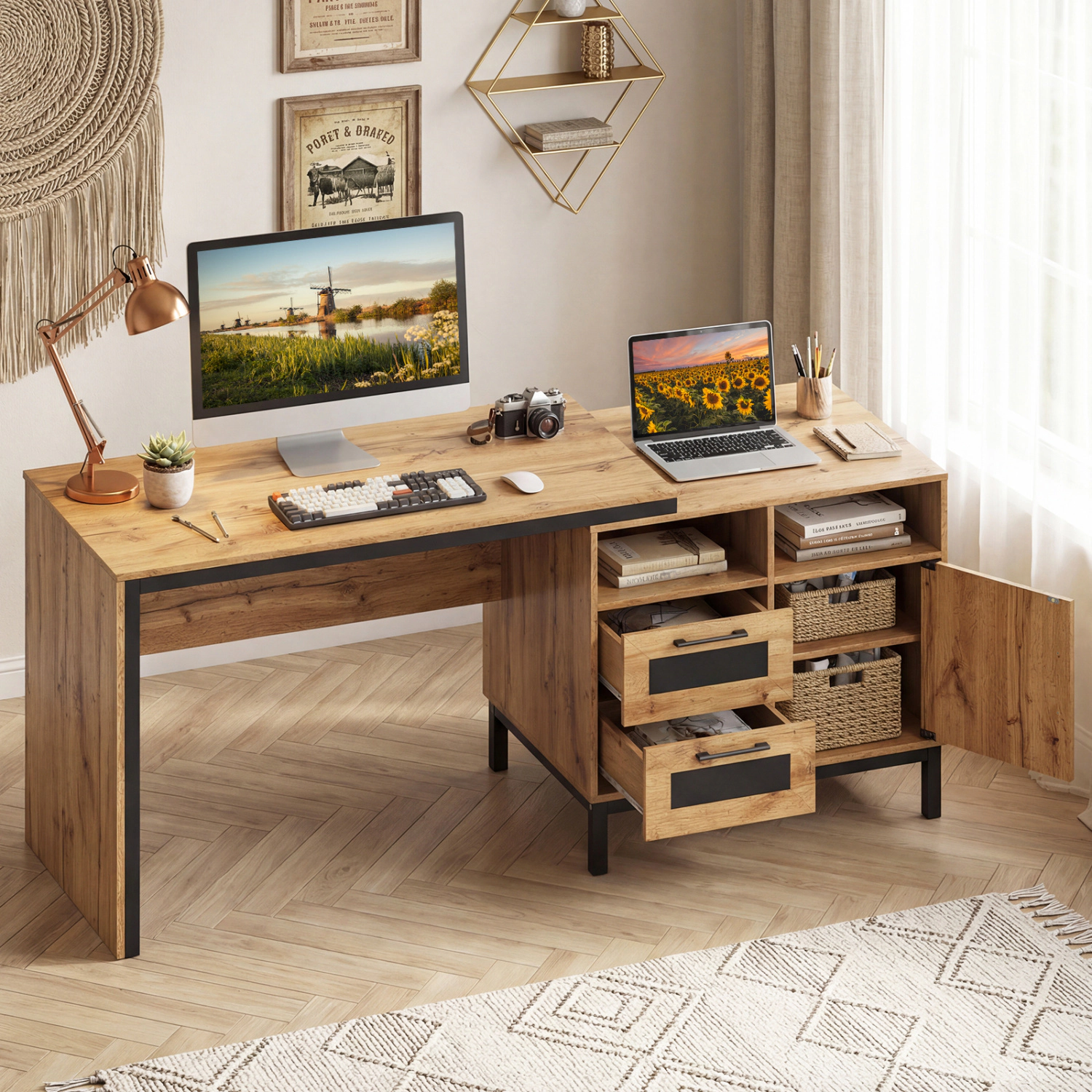 LJG 71-Inch Computer Table with Open Compartments and Drawers