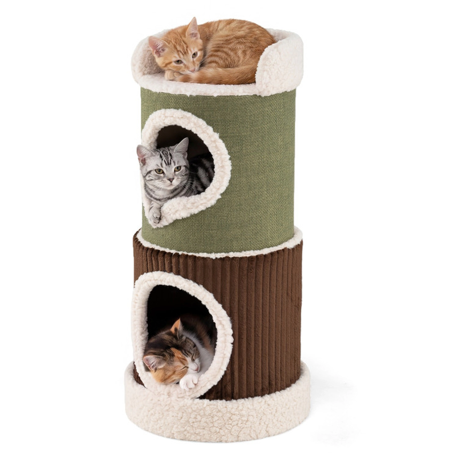 SUGIFT Barrel Cat House with Top Perch Double Condos 22-lb Capacity Indoor Cat House 16 x 33.5 in Green Brown Beige
