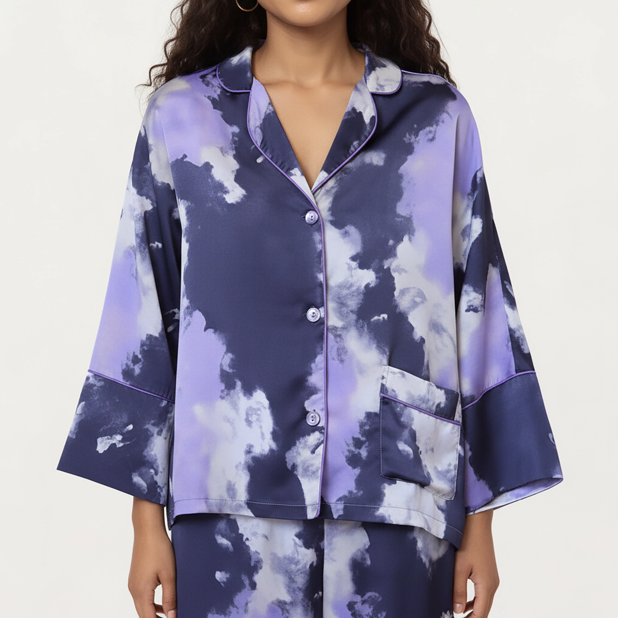 Anna-Kaci Women's Satin Pajama Set with Cloud Print Long Sleeve Button Top and Wide Leg Pants
