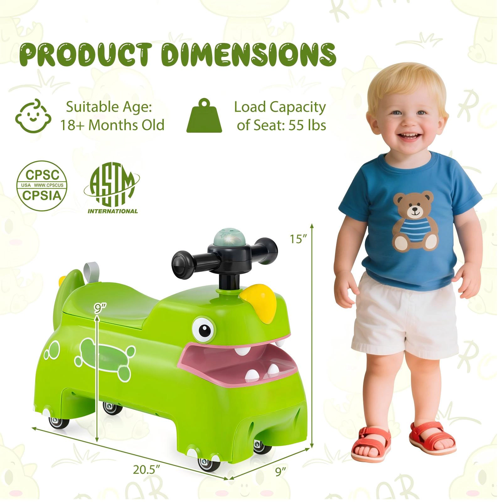 SUGIFT Toddler Ride on Walking Sliding Car with Lights and Music 55-lb Capacity Ages 18 Months and Up Green