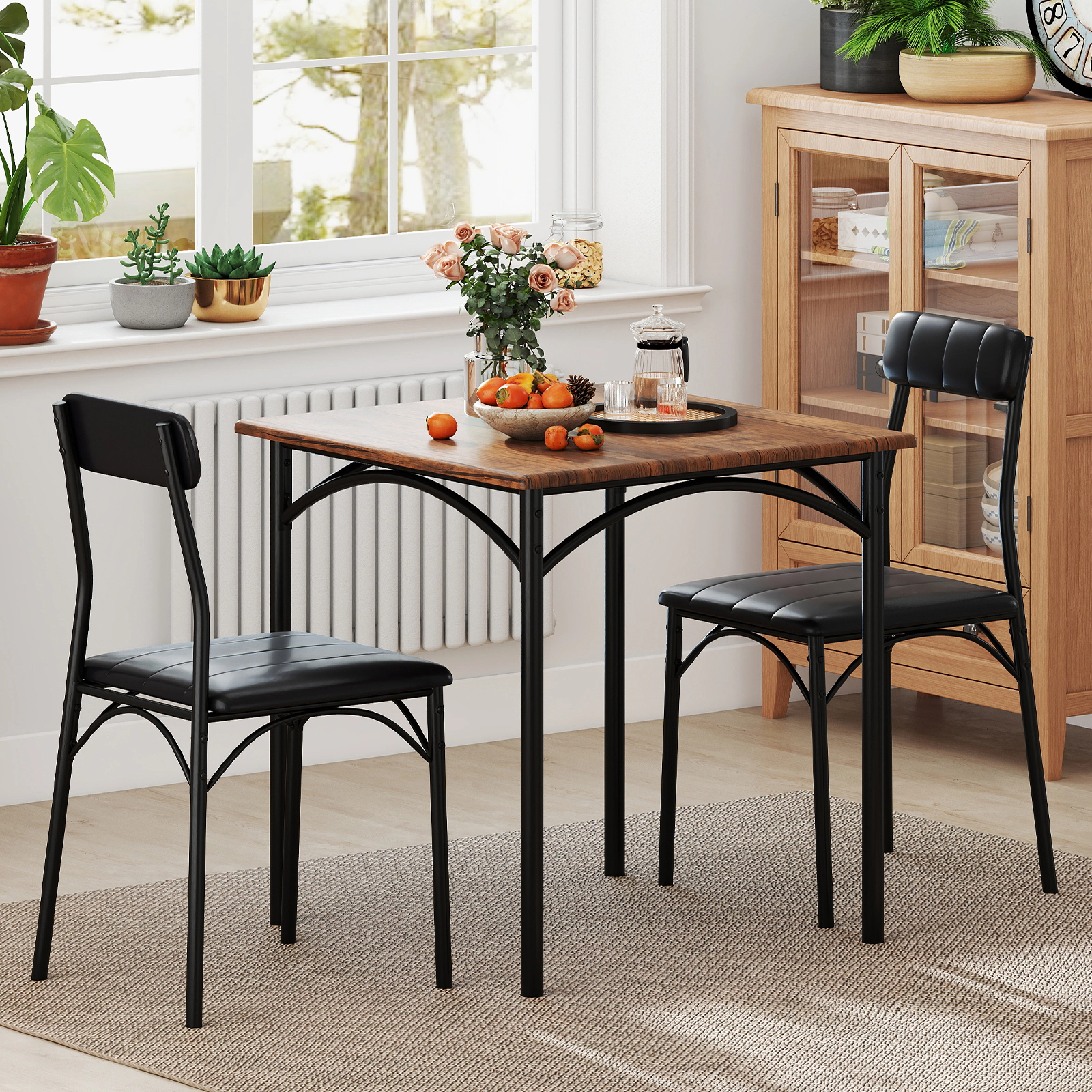 SUGIFT 3-Piece Rustic Brown Dining Set, 29-Inch Square Table and 2 PU Leather Chairs