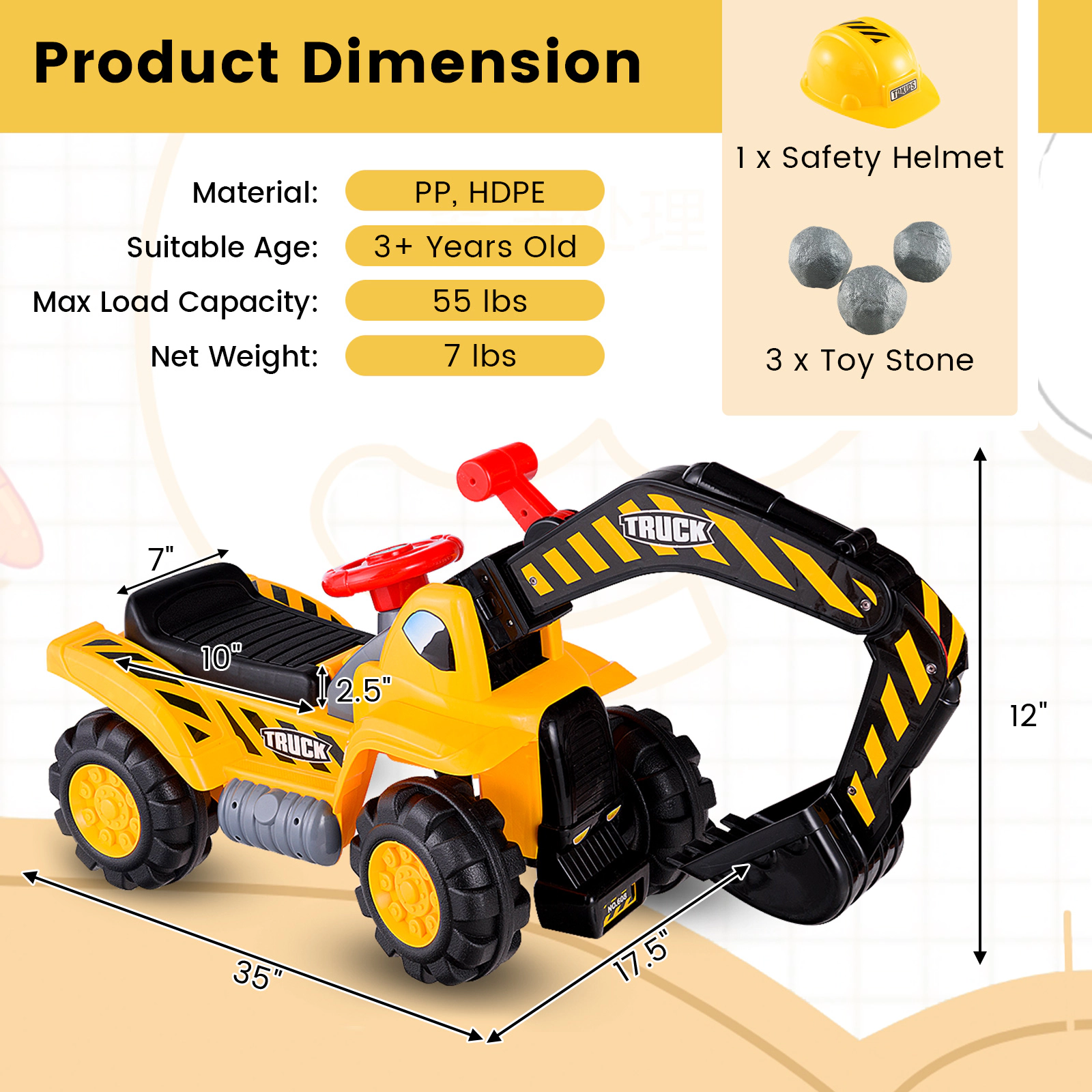 SUGIFT Ride On Push Car Bulldozer Digger Toy with Working Shovel Safety Helmet Ages 3 Years and Up Yellow