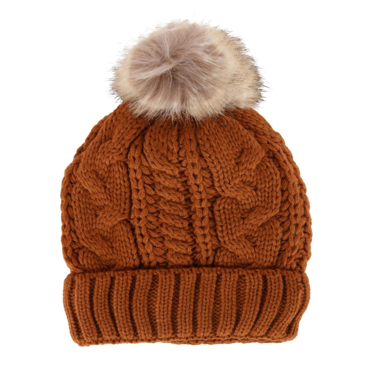 CTM Women's Cable Knit Lined Winter Beanie with Synthetic Fur Pom