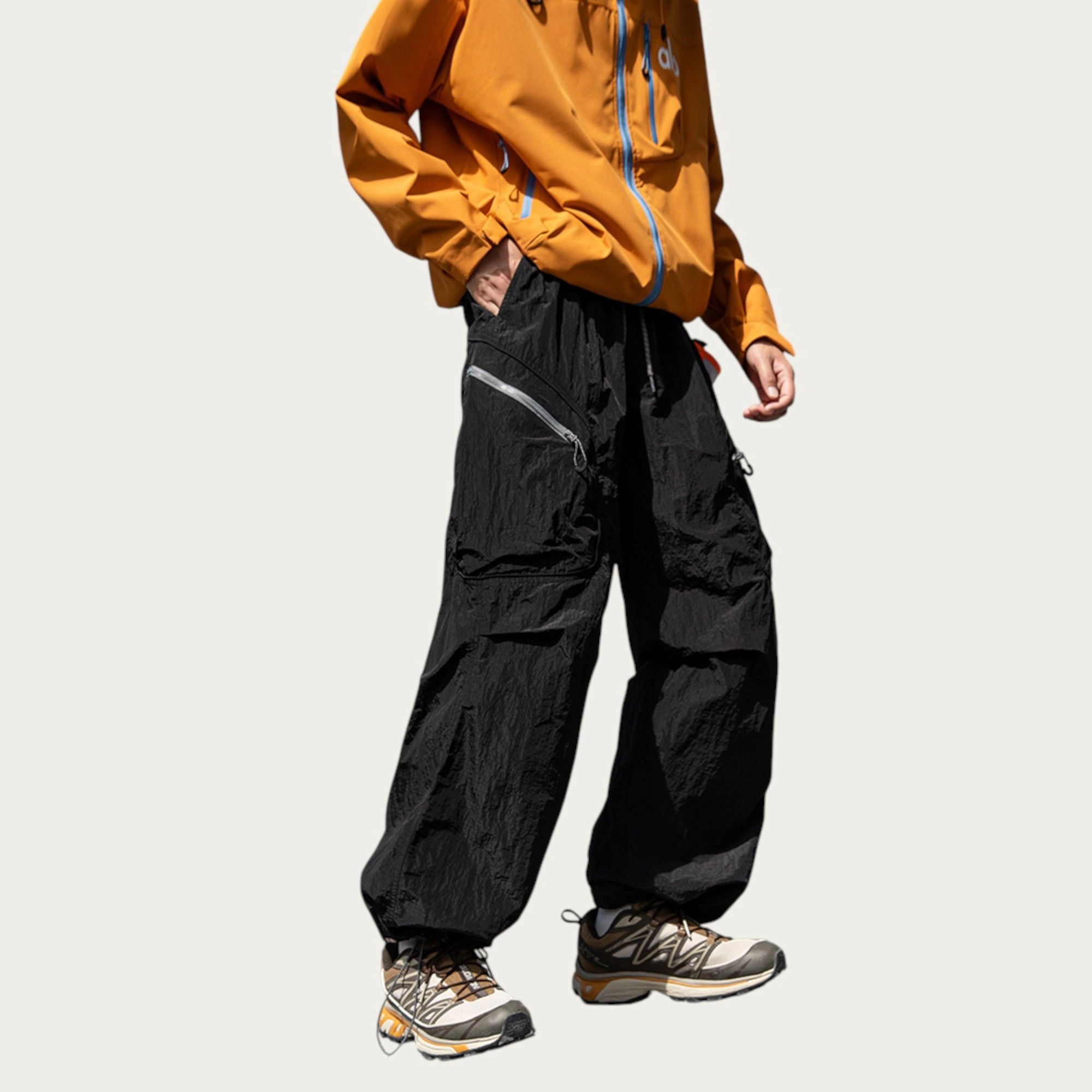 Anna-Kaci Men's Textured Wide-Leg Cargo Pants with Zipper Pockets and Adjustable Drawstring Waist