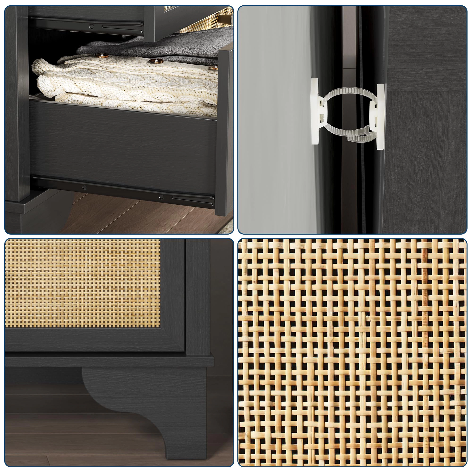 7 Drawer Dresser with Natural Rattan, 47.3" Wood Boho Clothing Storage Organizer, TV Stand Cabinet
