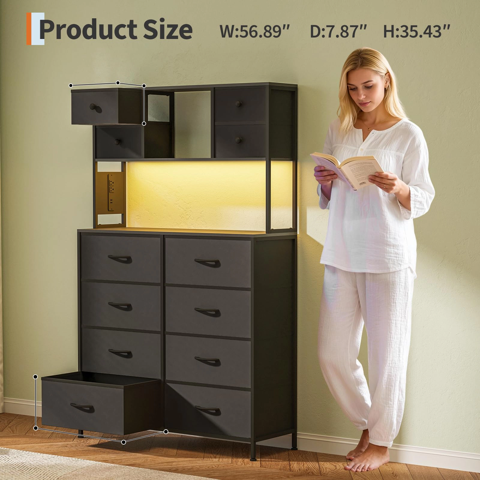 12 Drawer Fabric Dresser with LED Lights, Power Outlet & Open Shelves, Wood Top Metal Frame
