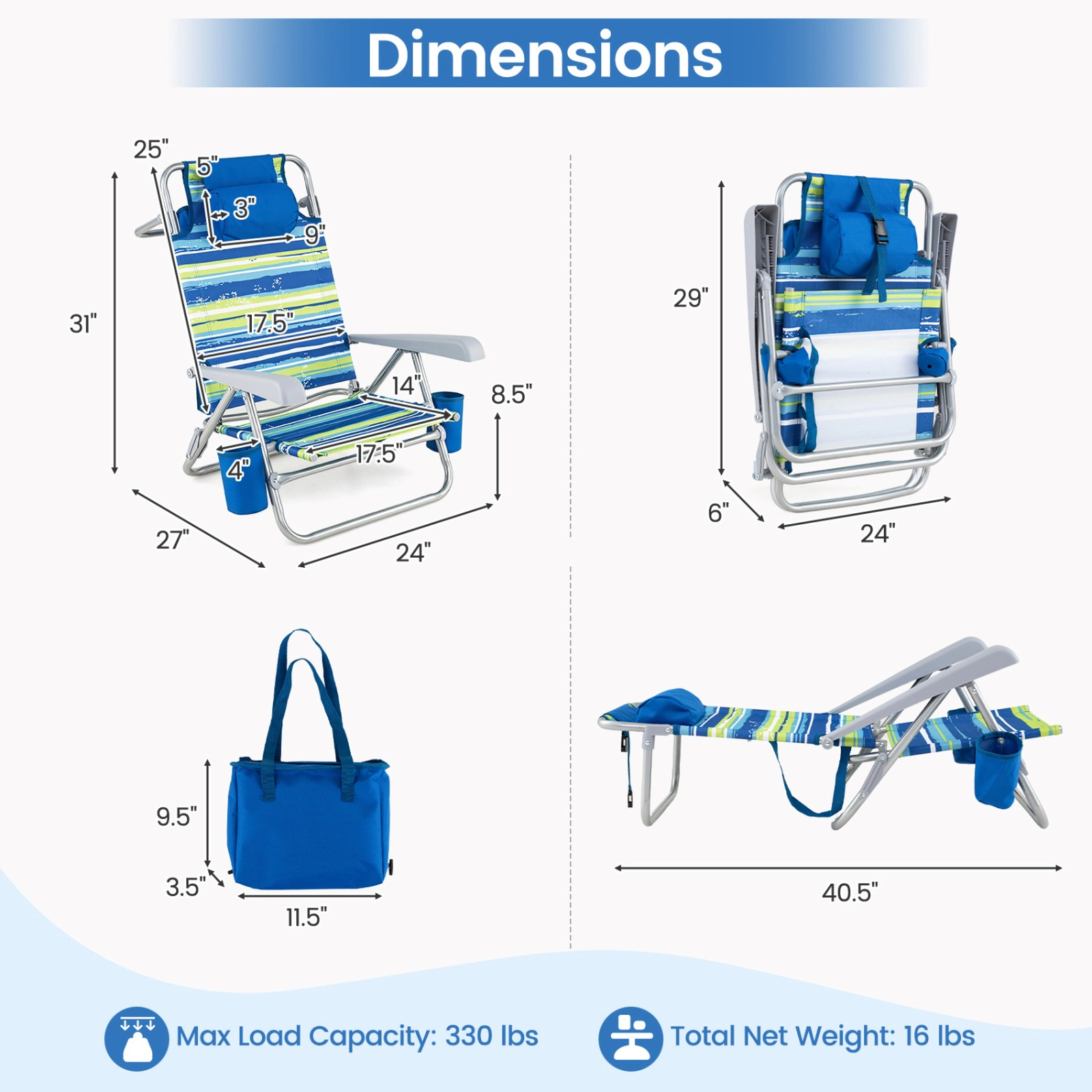 SUGIFT Blue 7-Position Backrest and Cooler Bag 2-Pack Portable Folding Beach Chair