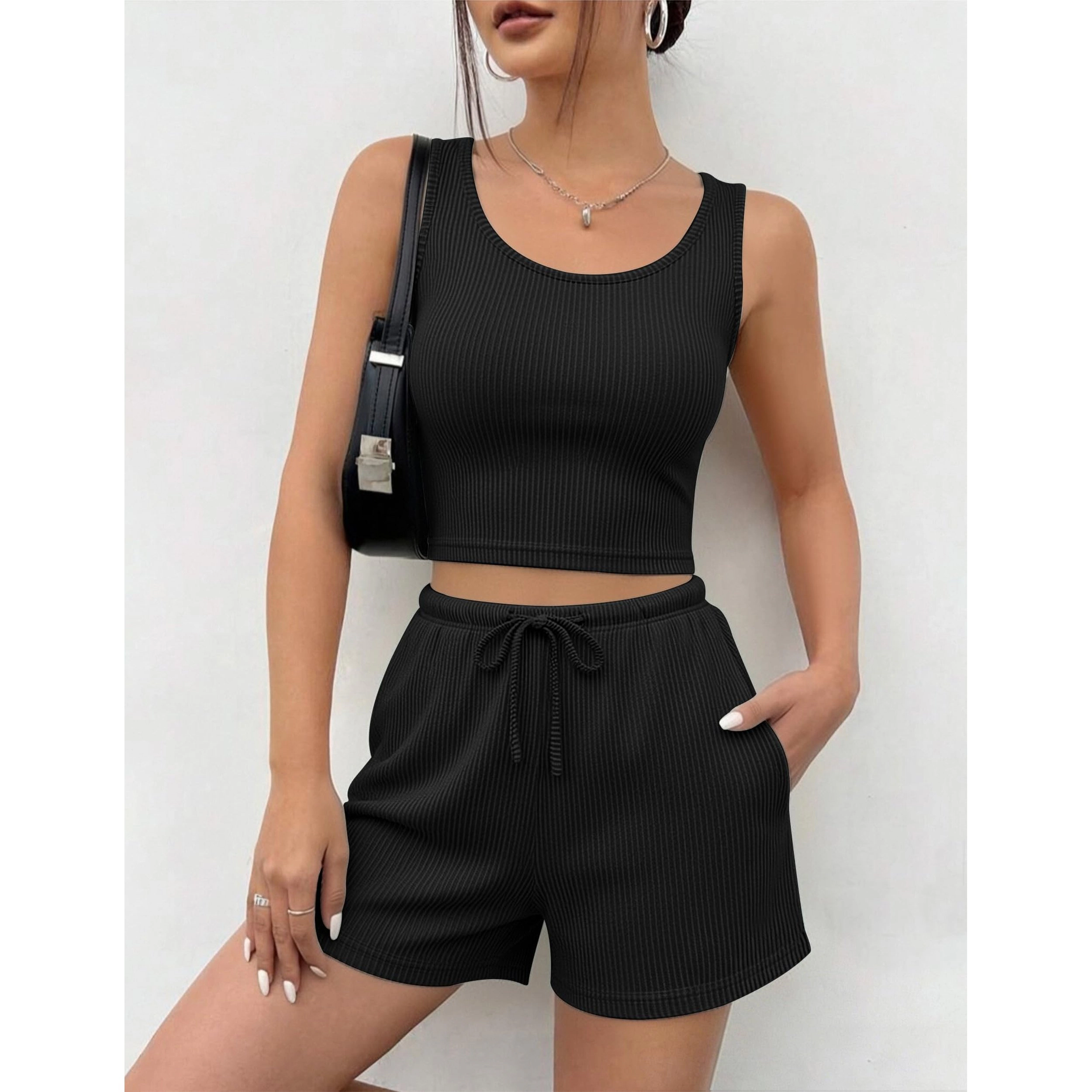 Ekouaer Women’s Three Piece Twisted Rib Lounge Set Crop Top Shorts and Pants