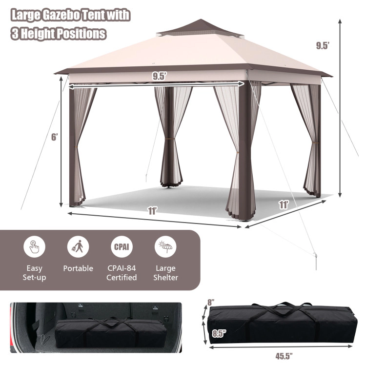 Hivvago 11x11 Ft 2-Tier Pop-Up Gazebo Tent with Mesh Sidewalls, Portable Outdoor Canopy Shelter with Carry Bag