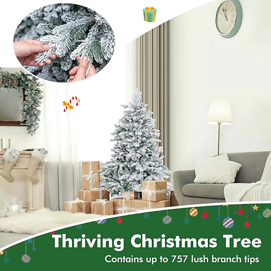 Costway 4.5 FT Pre-Lit Flocked Christmas Tree Hinged w/ 120 LED Lights & 757 Branch Tips