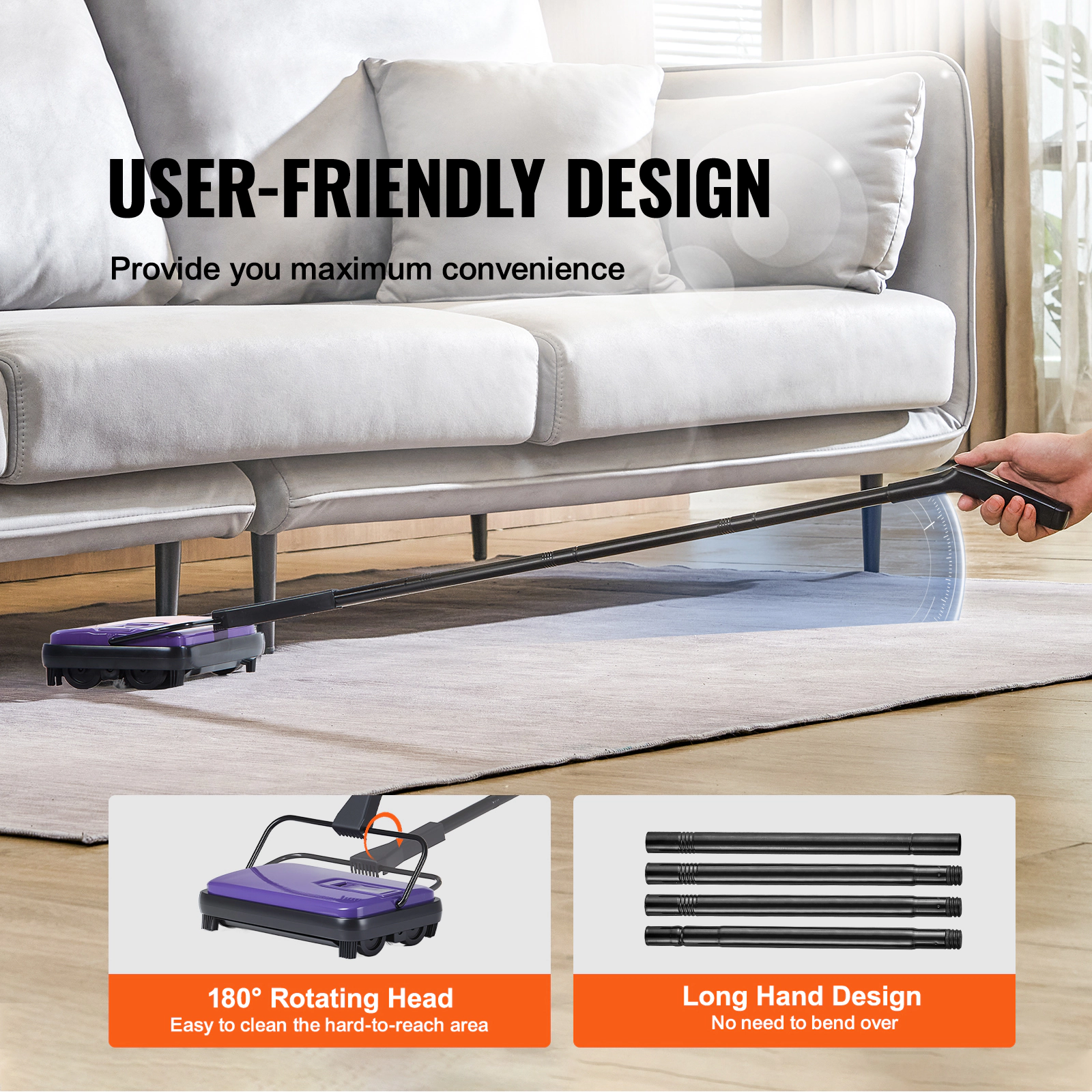 HONGGE Carpet Sweeper Manual Floor Sweeper with 300 ml Dustbin Capacity Easy to Empty 6.7 inch Cleaning Width for Home