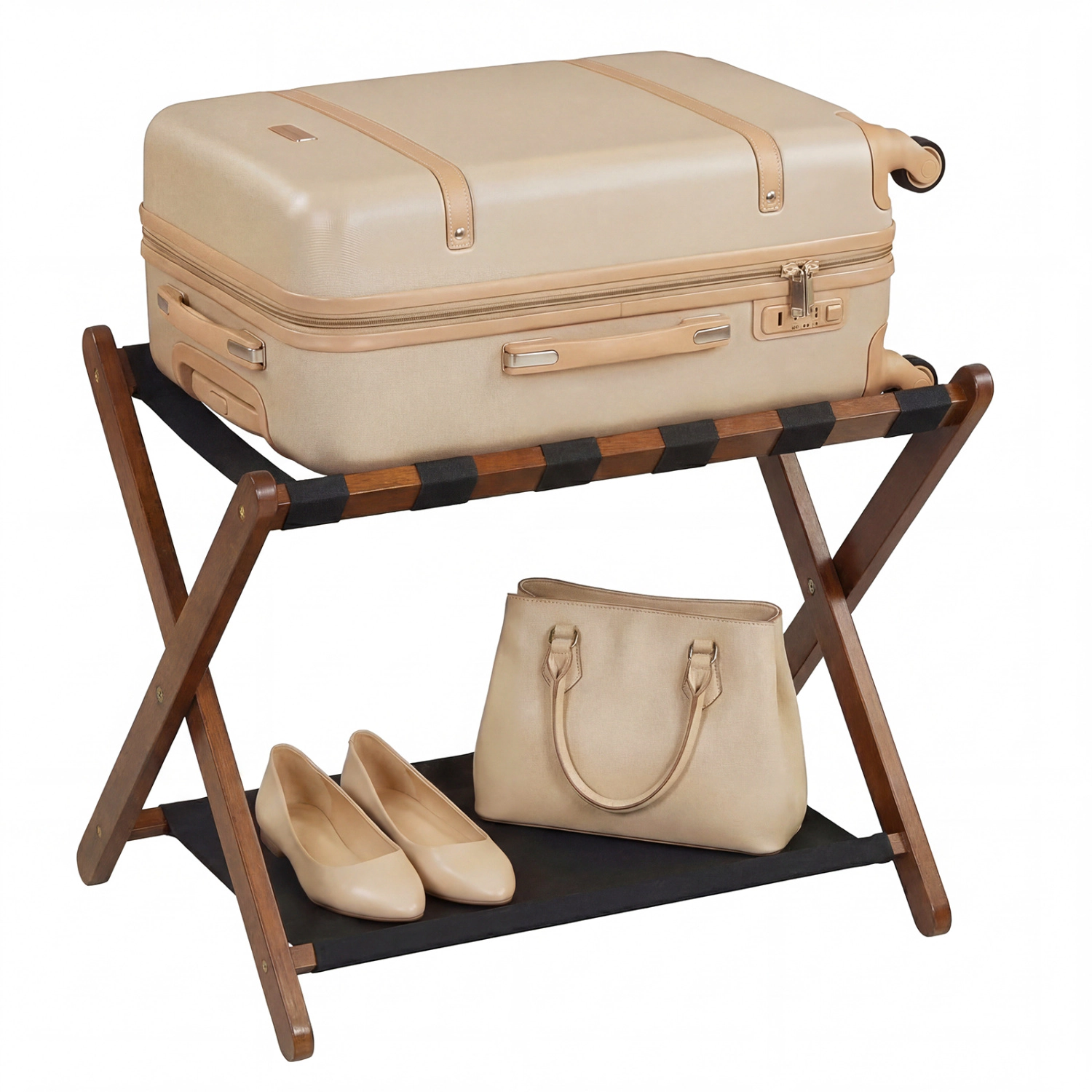 Glintex Folding Rubberwood Luggage Rack with 6 Nylon Straps and Bottom Shelf