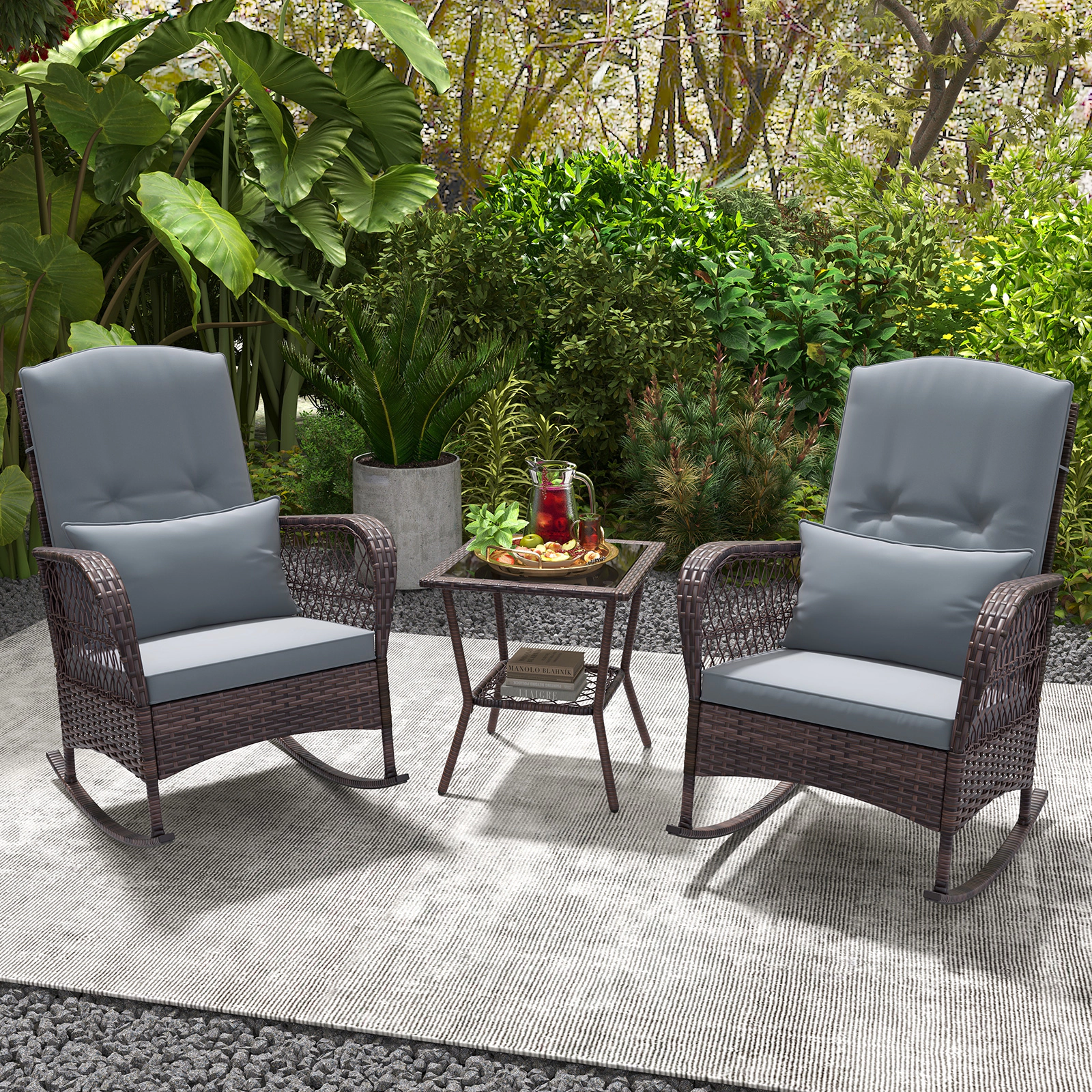 SUGIFT 3-Piece Rocking Conversation Bistro Set 2-Tier Coffee Table 440-lb Rocker Capacity Mix Brown Rattan Gray Cushions