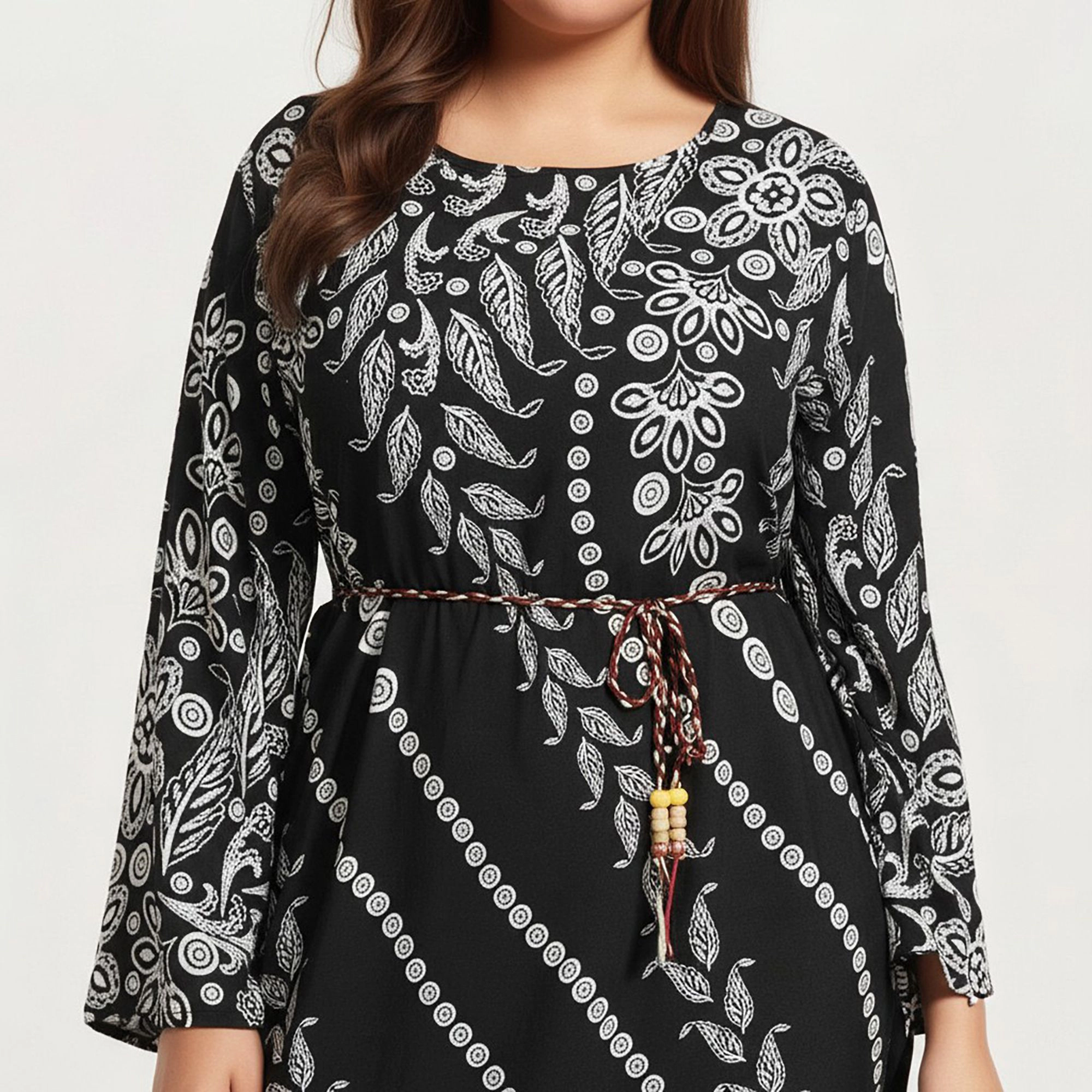 Anna-Kaci Women's Plus Paisley Print Long Sleeve Round Neck Adjustable Waist Tie Midi Dress
