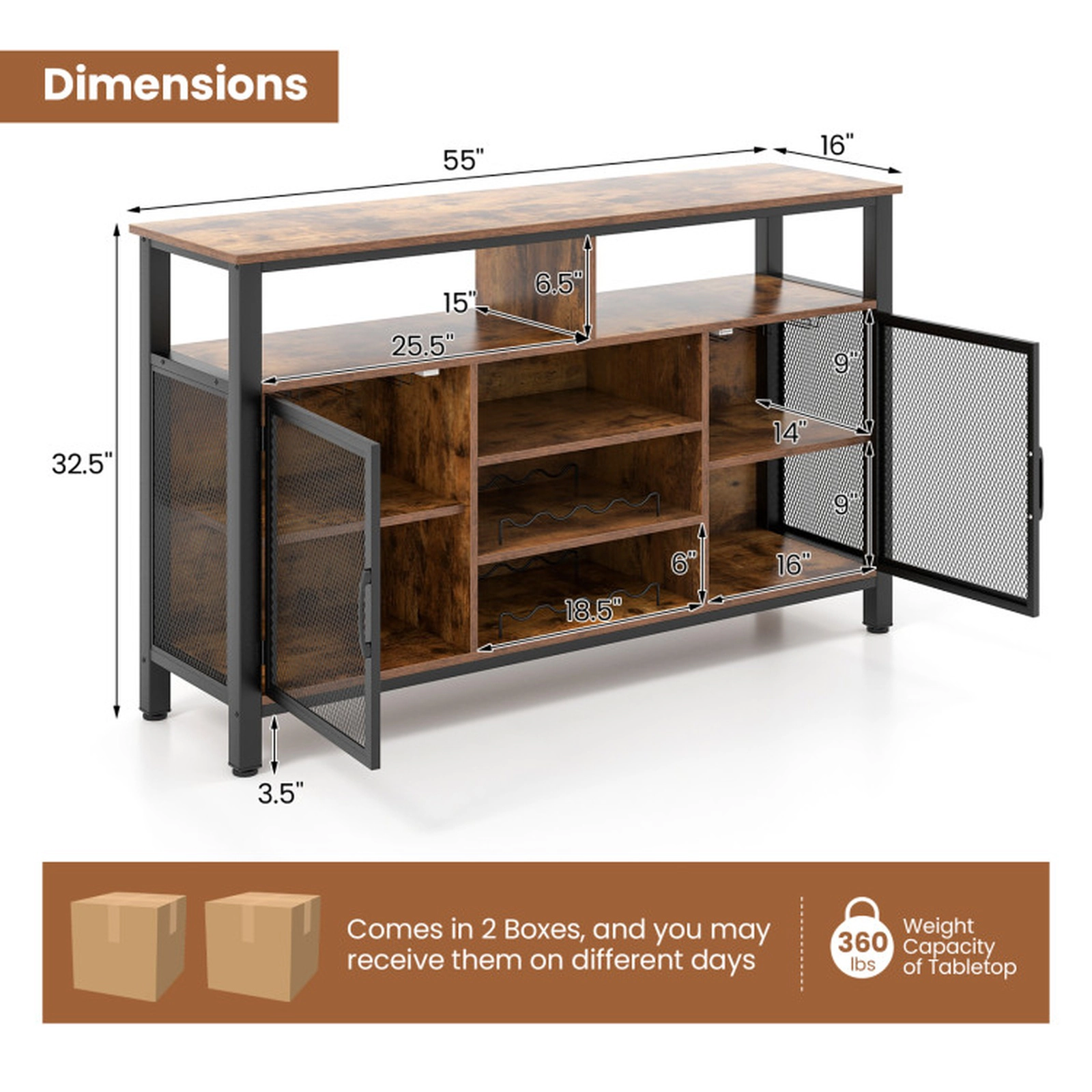 SUGIFT 55-In Buffet Sideboard with 8-Bottle Wine Racks and Wine Glass Holders 360-lb Tabletop Capacity Brown and Black