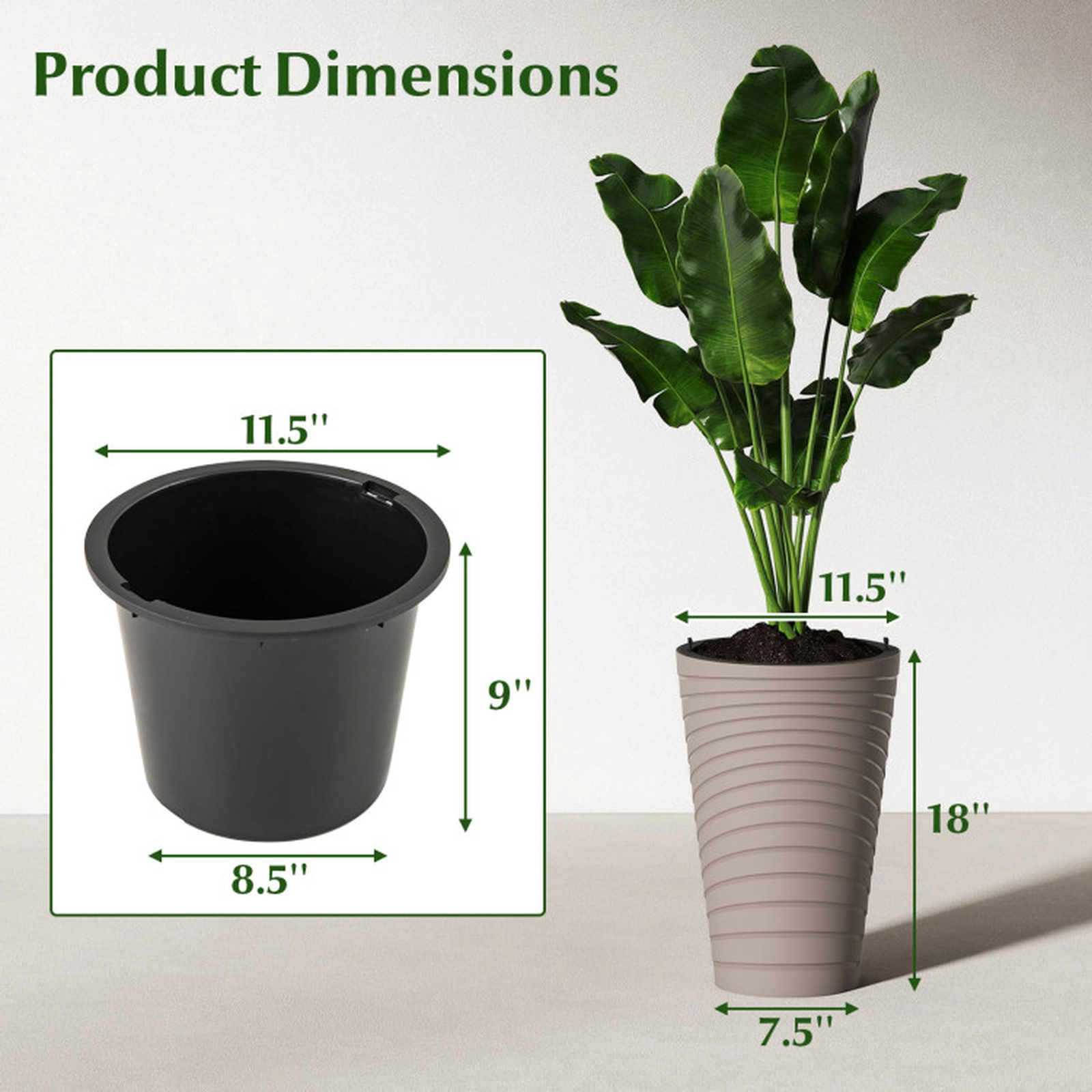 SUGIFT Set of 2 18-in Tall Round Spiral Texture Flower Pots with Insert Bucket Handles and 51 Drain Holes
