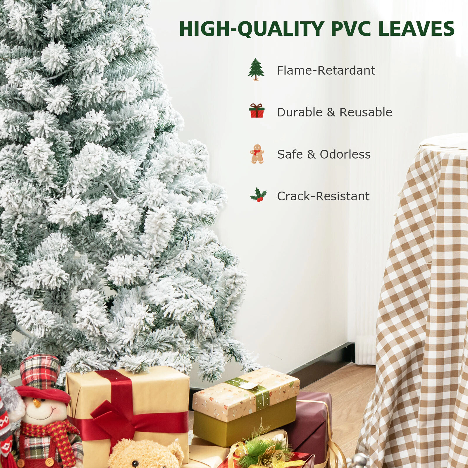 SUGIFT 4.5 ft Pre-Lit Snow Flocked Christmas Tree with 295 Branch Tips and 150 LED Lights