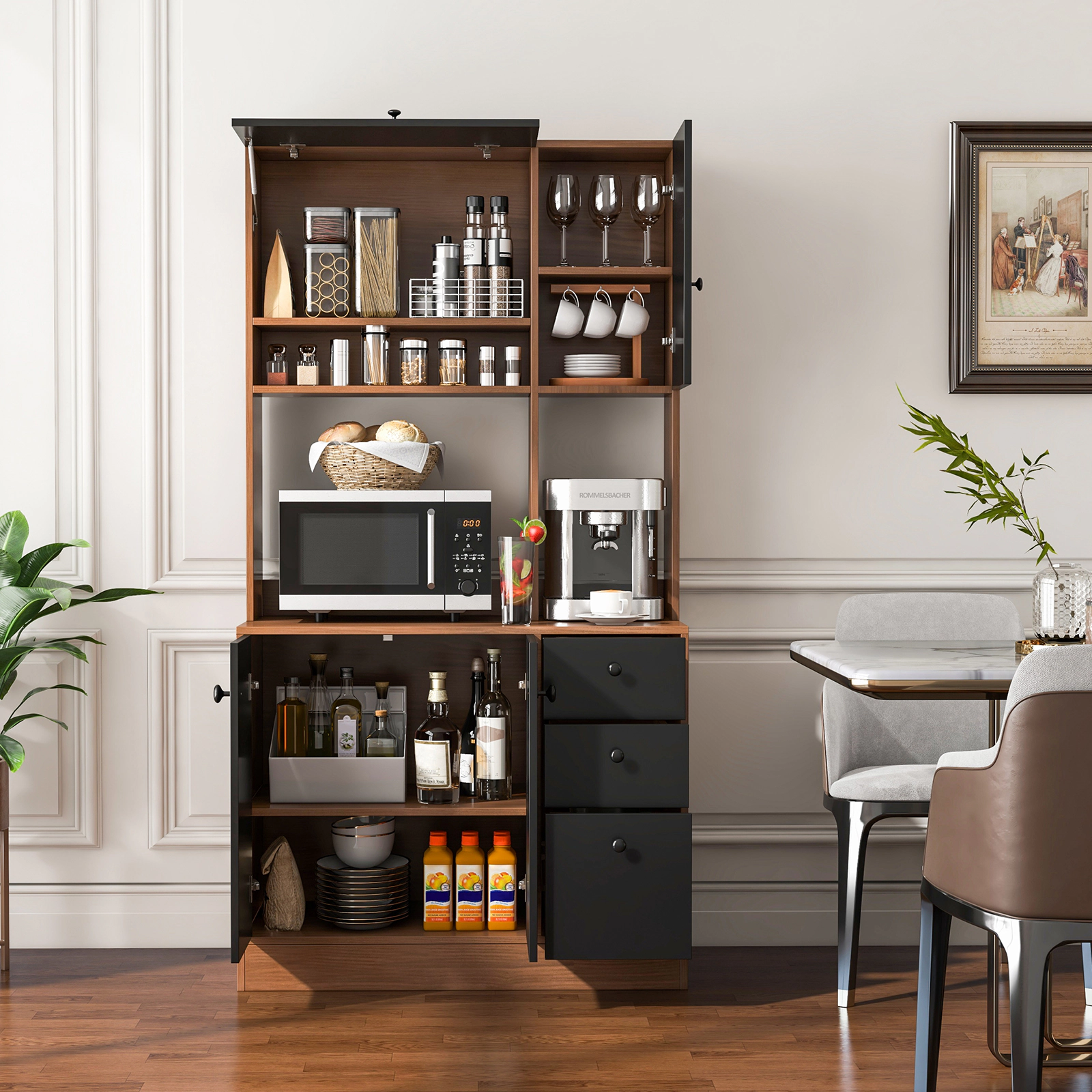 SUGIFT 71-in Tall 110-lb Countertop Walnut Pantry Cabinet with 3 Storage Cabinets and 3 Deep Drawers