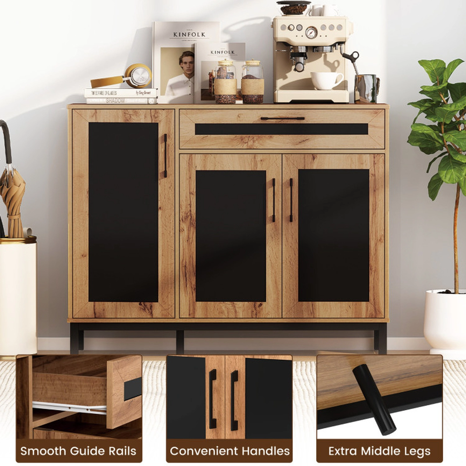 SUGIFT 48-in Sideboard Buffet Cabinet with Drawer and Metal Legs 88-Lb Countertop Capacity Natural + Black