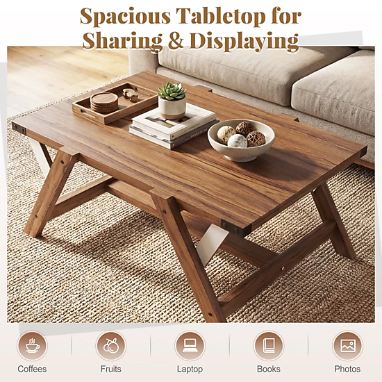 Glintex Farmhouse 35.5-Inch Coffee Table with Nailhead Accents and H-Base, Walnut