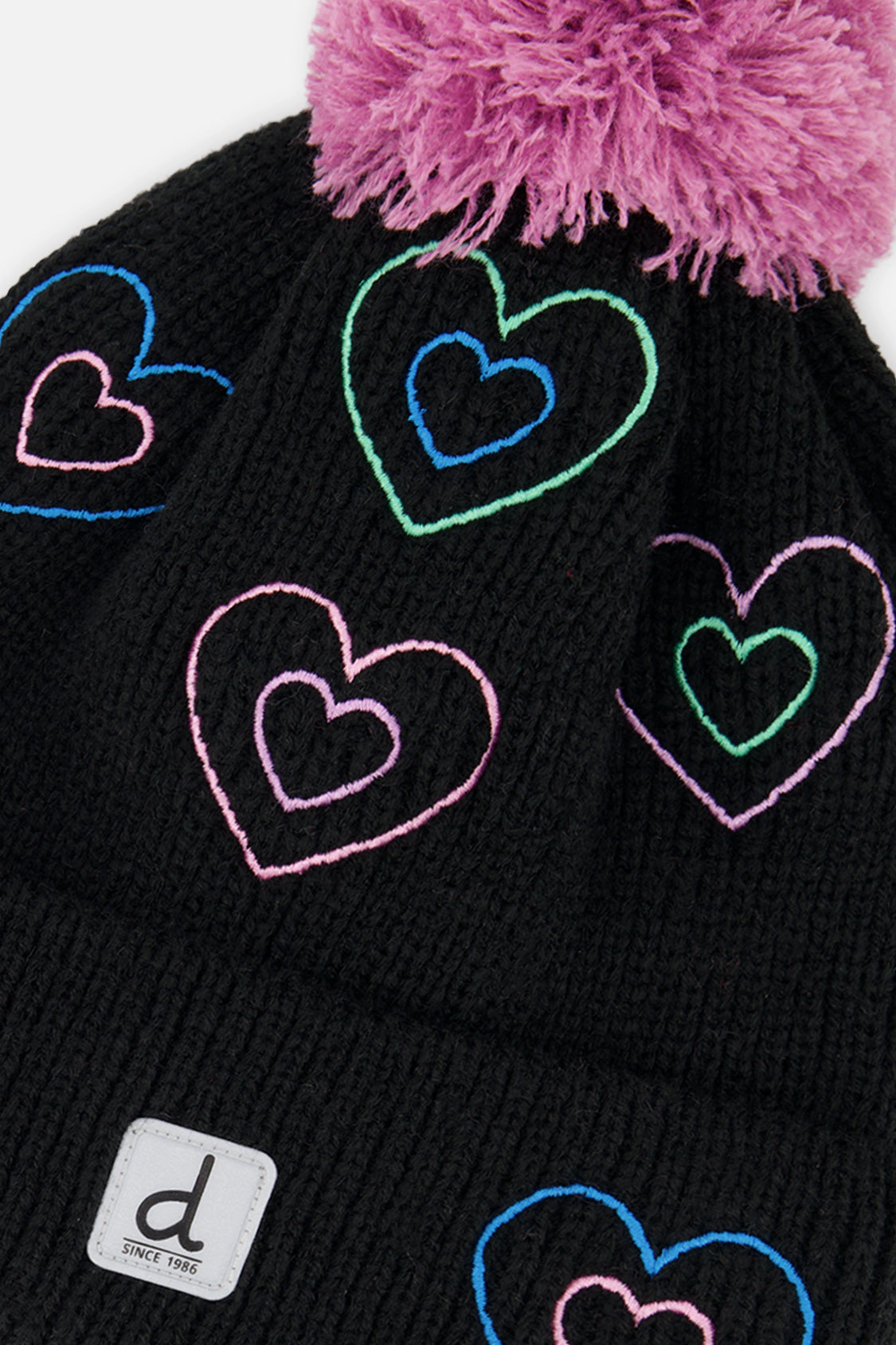Deux par Girls Embroidered Hearts Winter Knit Hat with Pompom