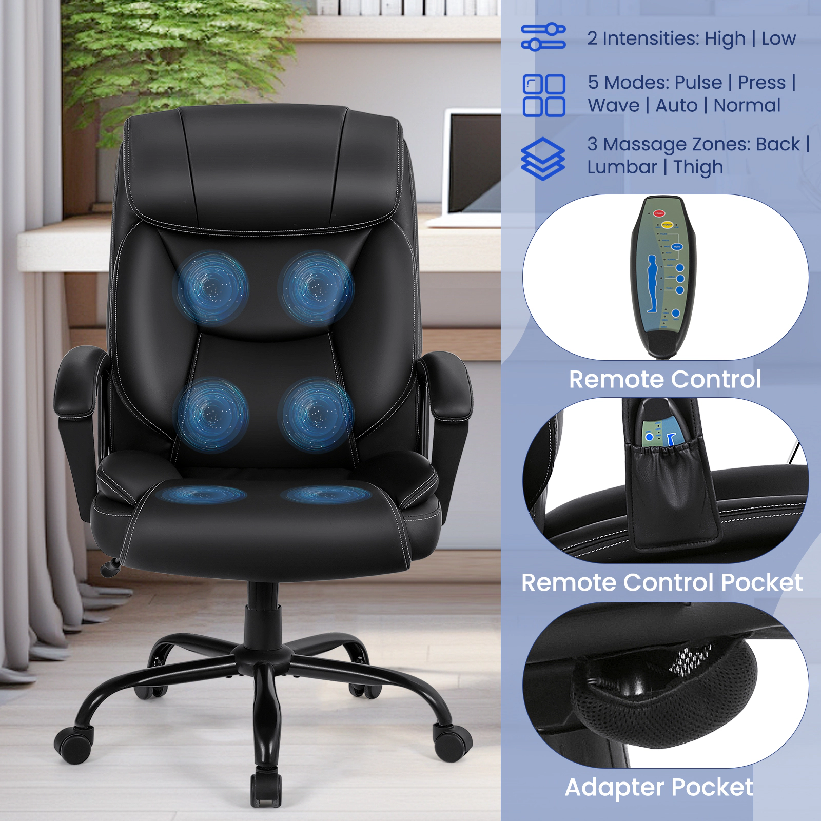 SUGIFT Massage Executive Office Chair with 6 Vibrating Points 500-lb Capacity Black