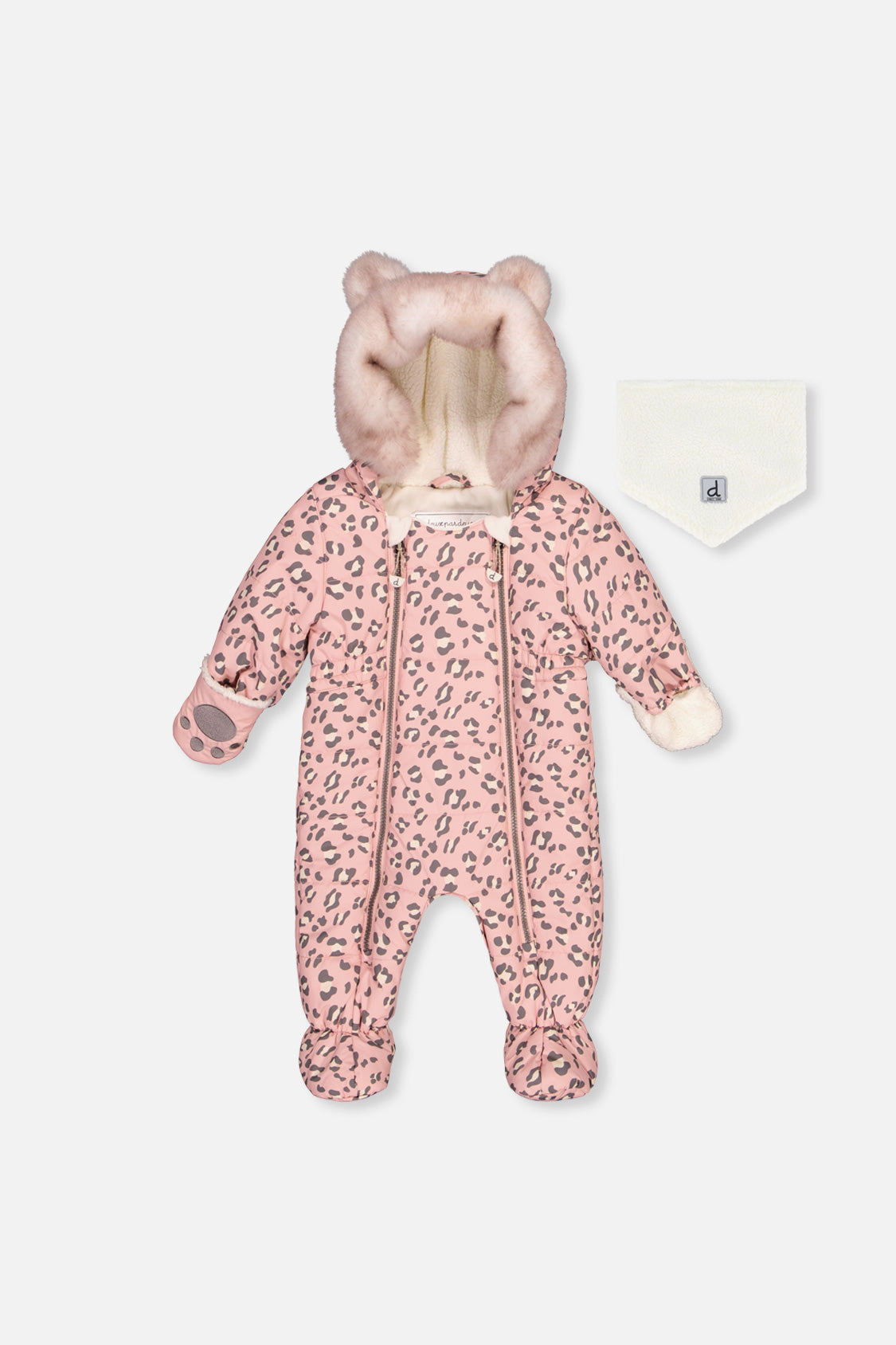 Deux par Girls Leopard Print One Piece Snowsuit for Car Seats with Bear-Ear Hood
