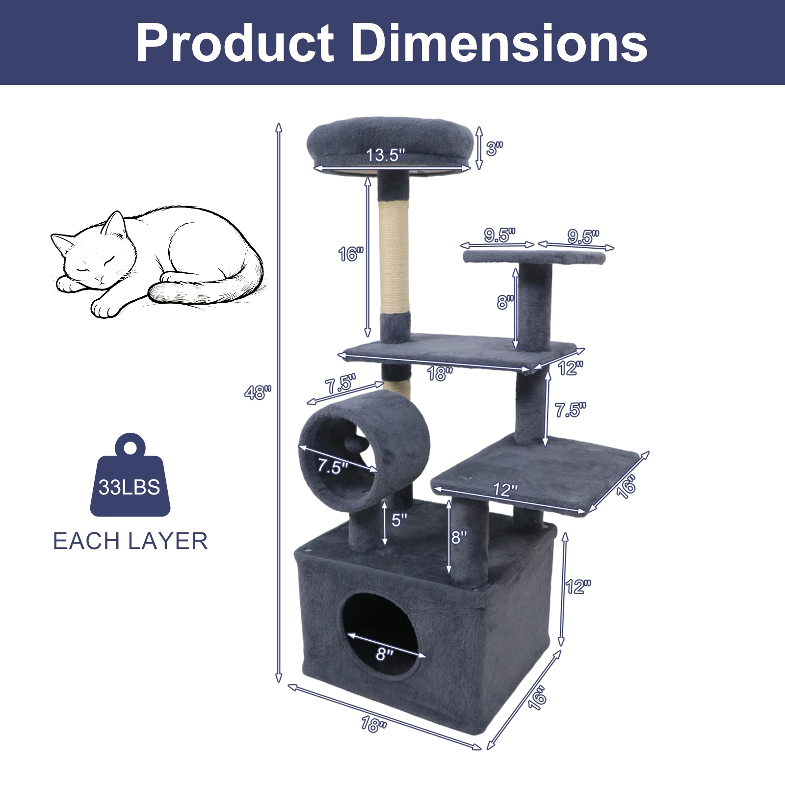 SUGIFT Gray 48 in Multi-Level Kitten Tower with Large Condo and Jute Scratching Posts